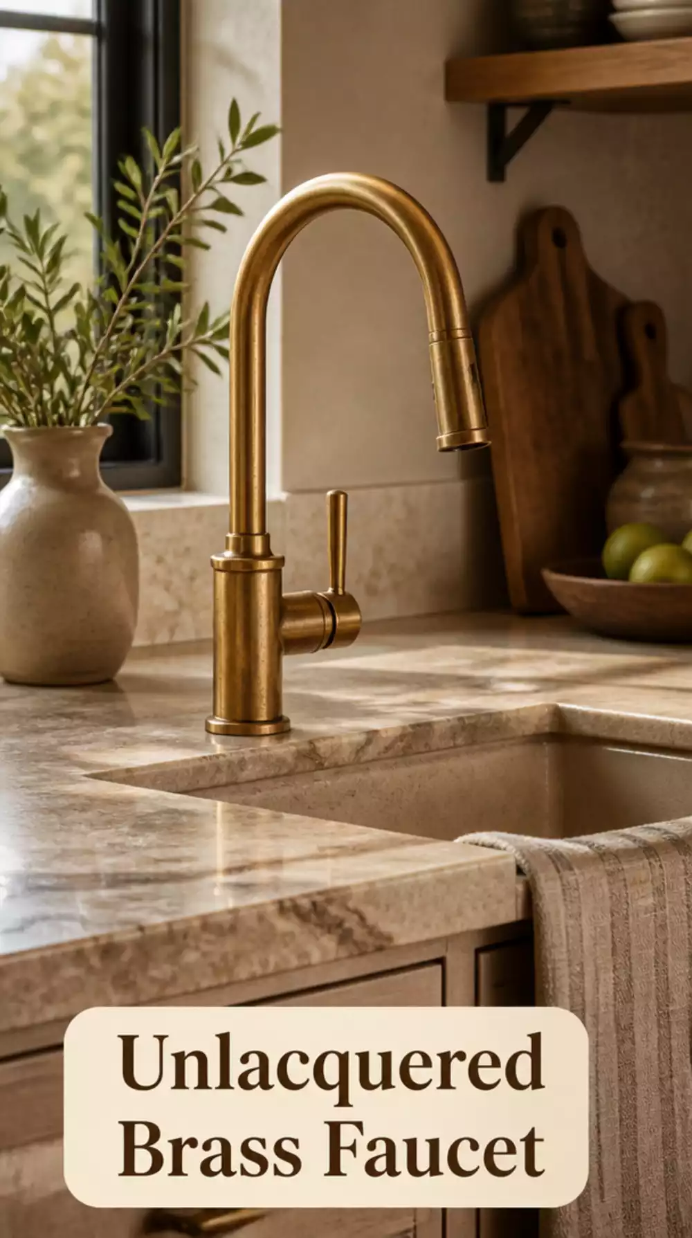 Kitchen Faucet in Unlacquered Brass That Develops a Natural Patina Finish