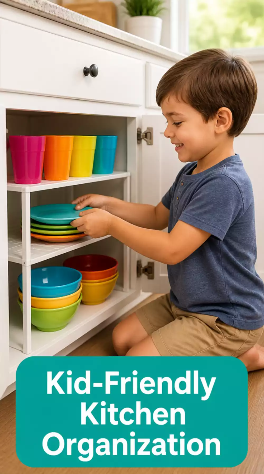 Kid-Height Kitchen Cabinet Shelf Riser for Plates and Cups They Can Reach