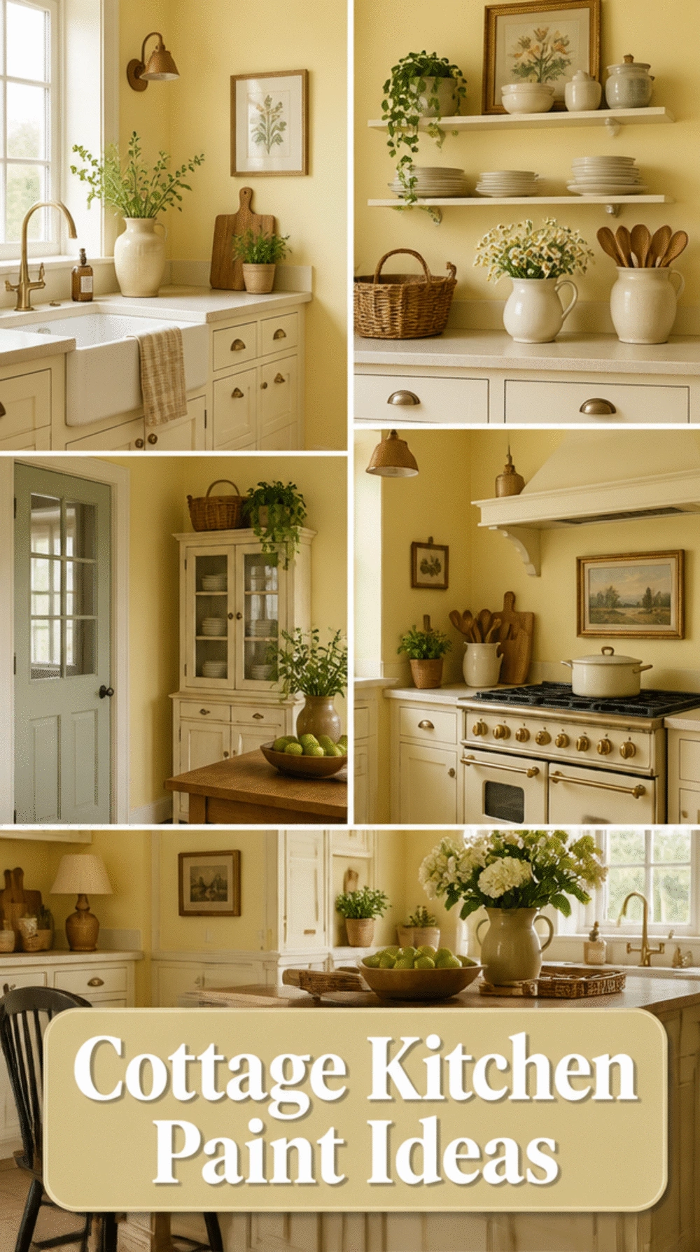 Cottage Kitchen Wall Paint in a Warm Buttermilk Yellow Behind Cream Cabinets