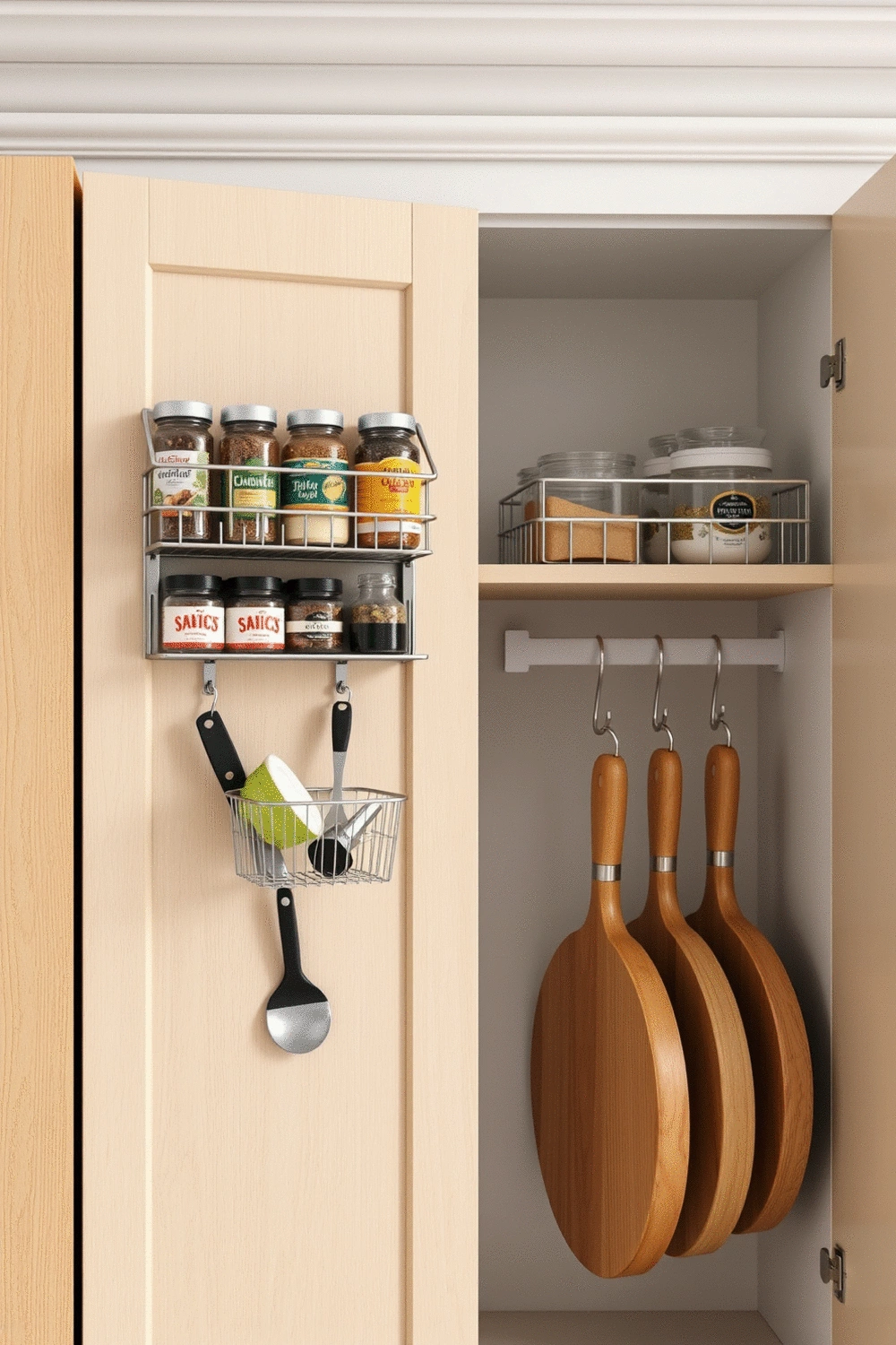 Kitchen with over-the-door storage solutions, including racks with spices and hanging baskets with kitchen items