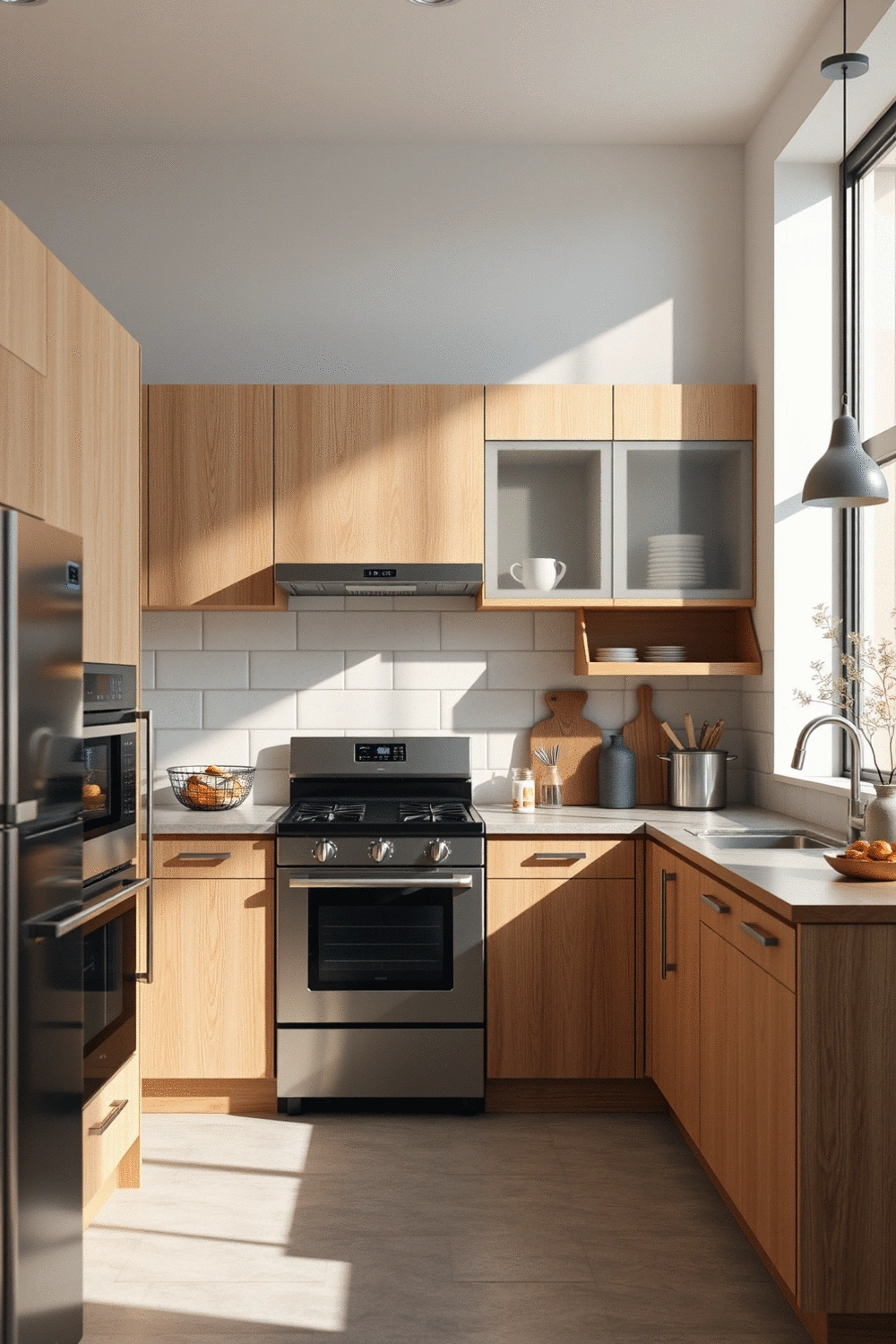 Modern kitchen interior with sleek, energy-efficient appliances and natural wood cabinetry