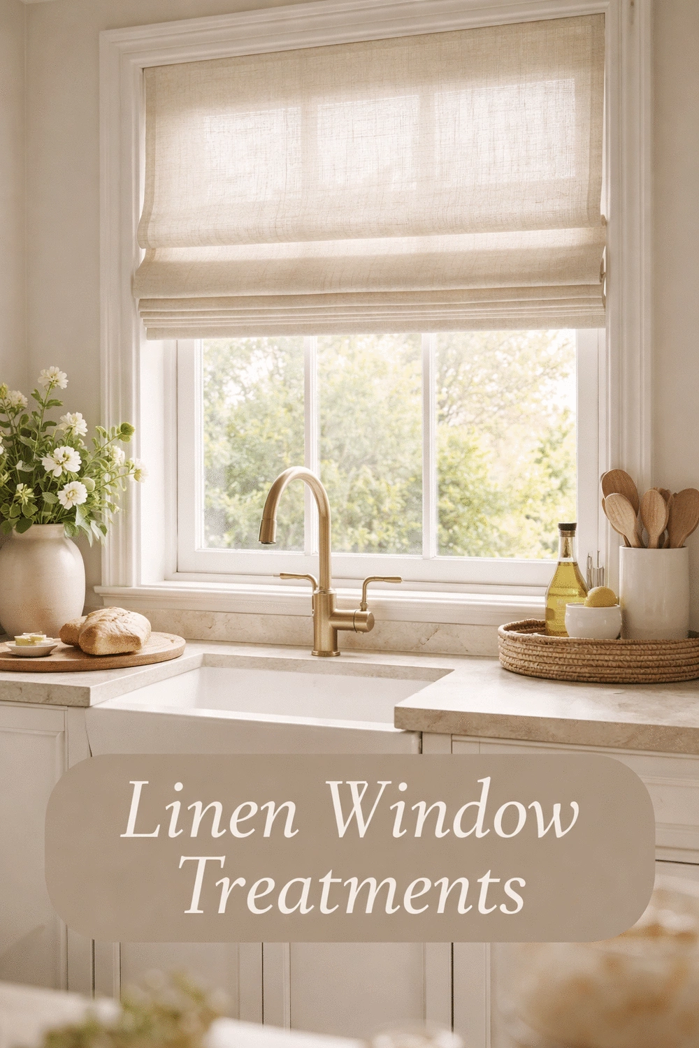 Linen Kitchen Roman Blind in an Undyed Natural Weave at the Window