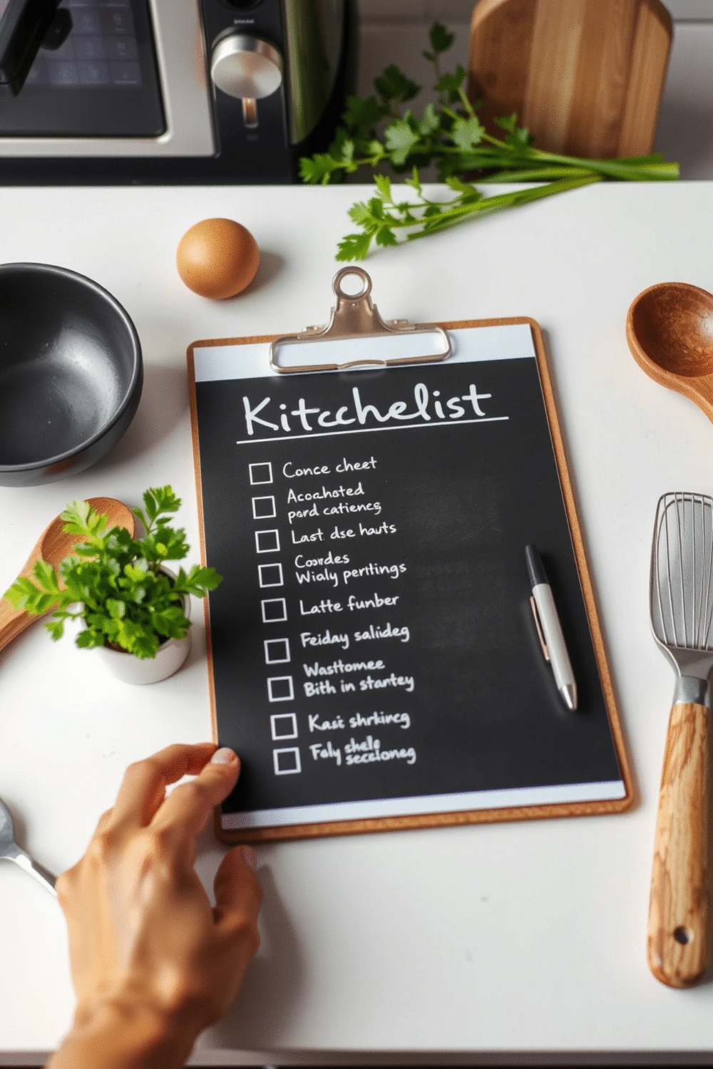 Kitchen checklist on a clipboard with a pen, surrounded by various kitchen utensils and a small potted herb plant, clean background