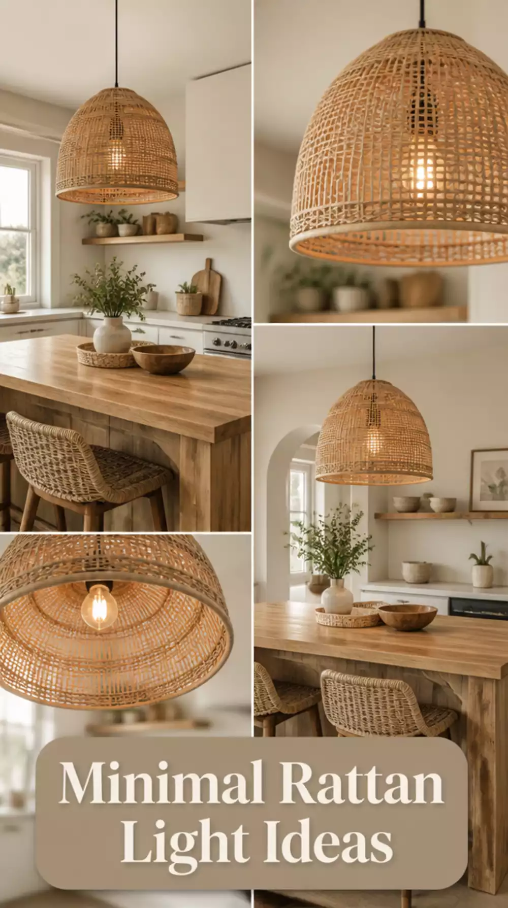 Minimal Kitchen Pendant Light in Natural Rattan Over a Wood Island
