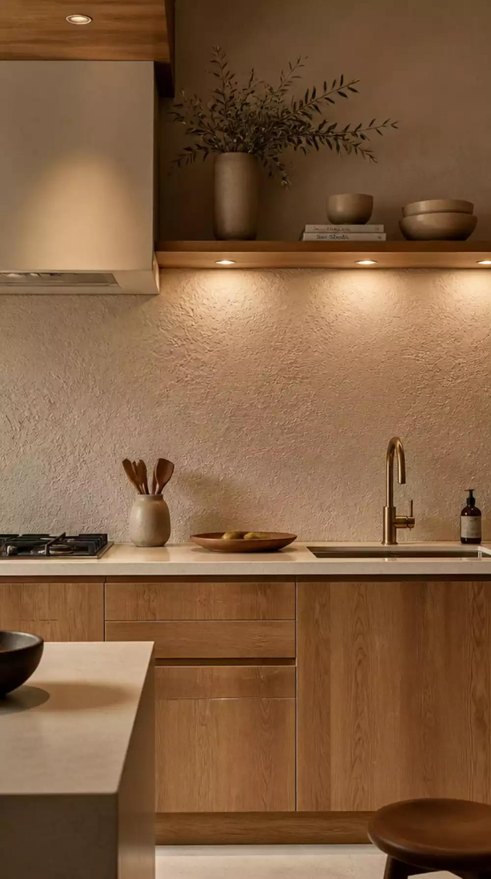 Bouclé-Texture Plaster Kitchen Backsplash in a Soft Warm Sand Tone