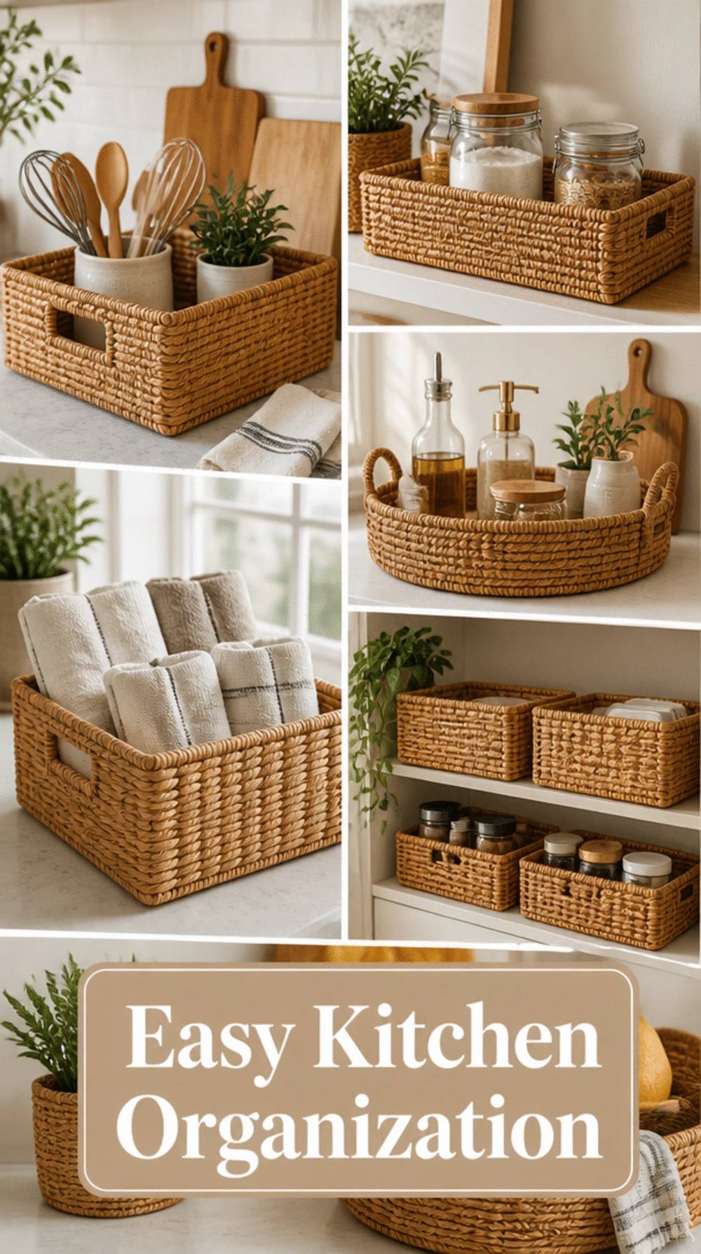 Rattan Kitchen Open Shelf Basket That Hides Loose Items Behind a Woven Front