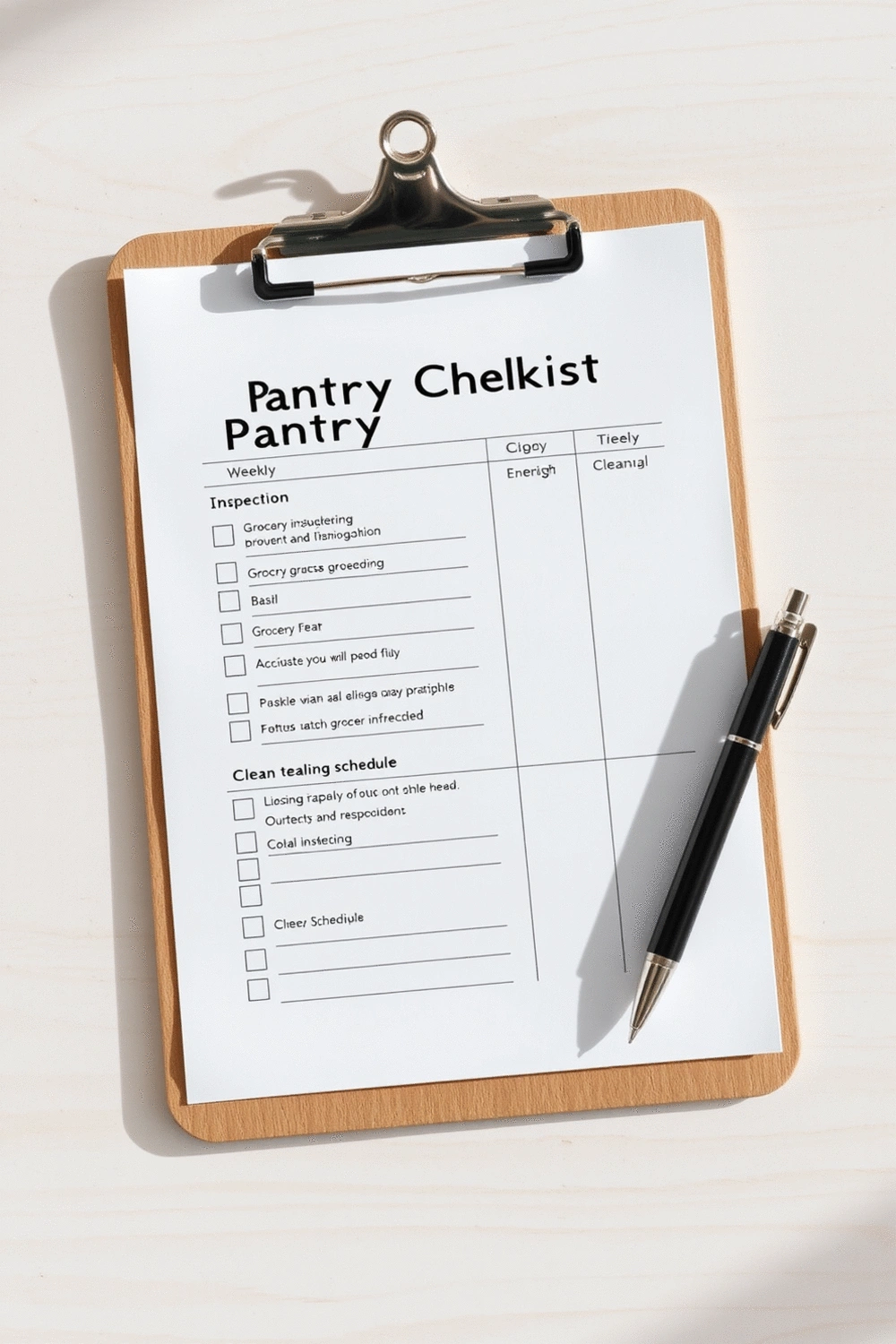 Printable pantry checklist with sections for weekly inspection, restocking, and cleaning