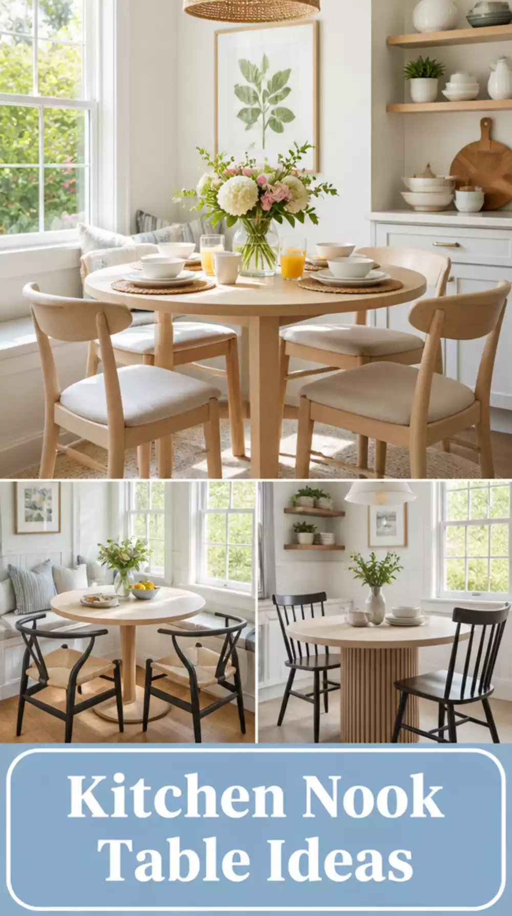 Kitchen Nook Round Table in White-Washed Oak with Four Slim Chairs