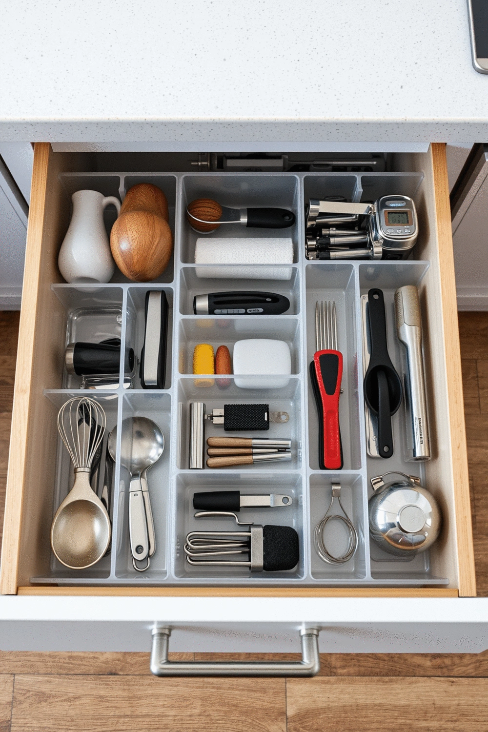 Kitchen drawer with clear dividers, neatly separating various cooking utensils and small gadgets, organized and efficient layout