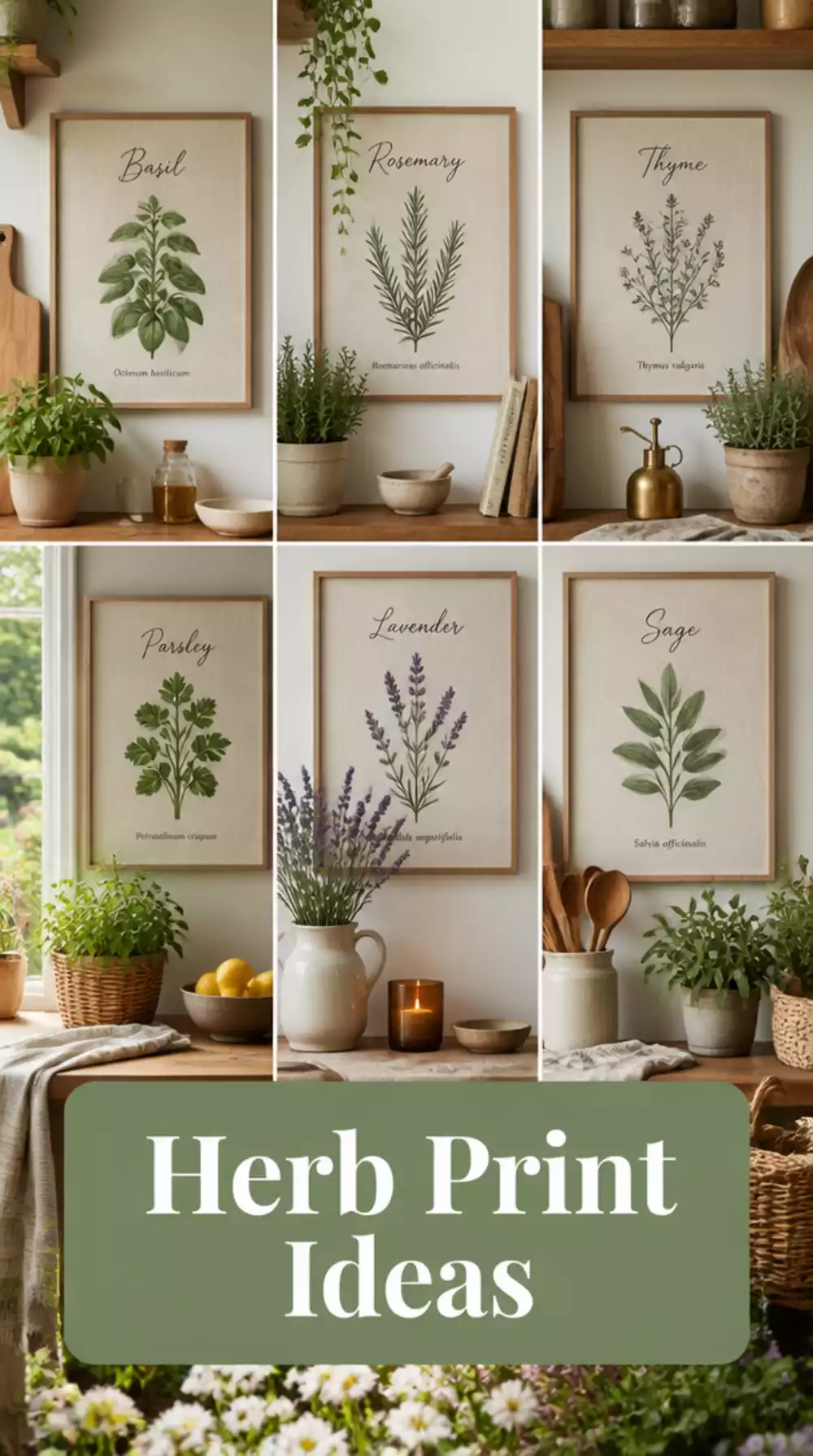 Kitchen Linen-Mounted Herb Print That Brings a Garden Feel to the Wall