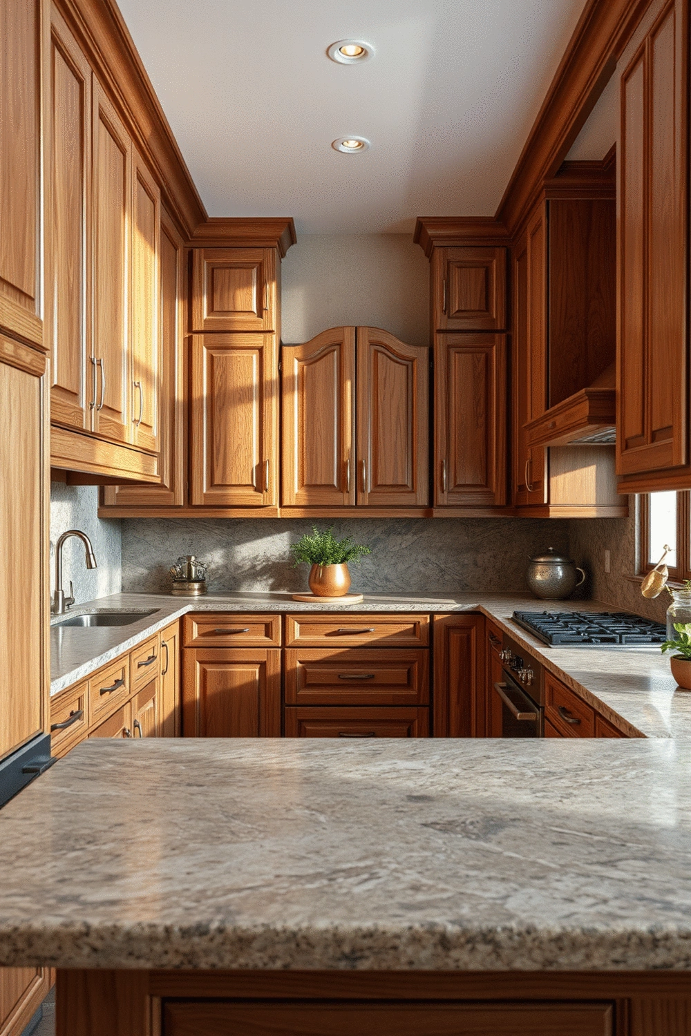 Kitchen interior with rich wooden cabinets, elegant stone countertops, and gentle natural light. Focus on textures and materials.