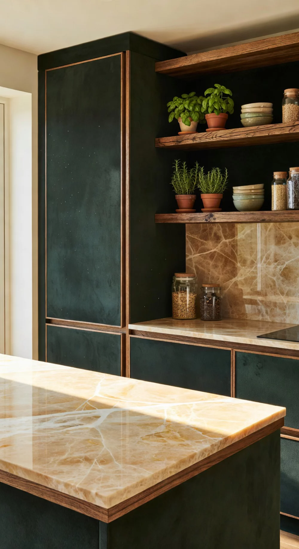 Forest Green Kitchen Cabinet with a Warm Marble Countertop Above