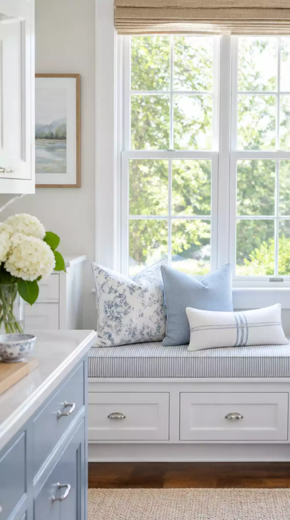 White Kitchen Breakfast Nook Bench with a Ticking Stripe Linen Cushion
