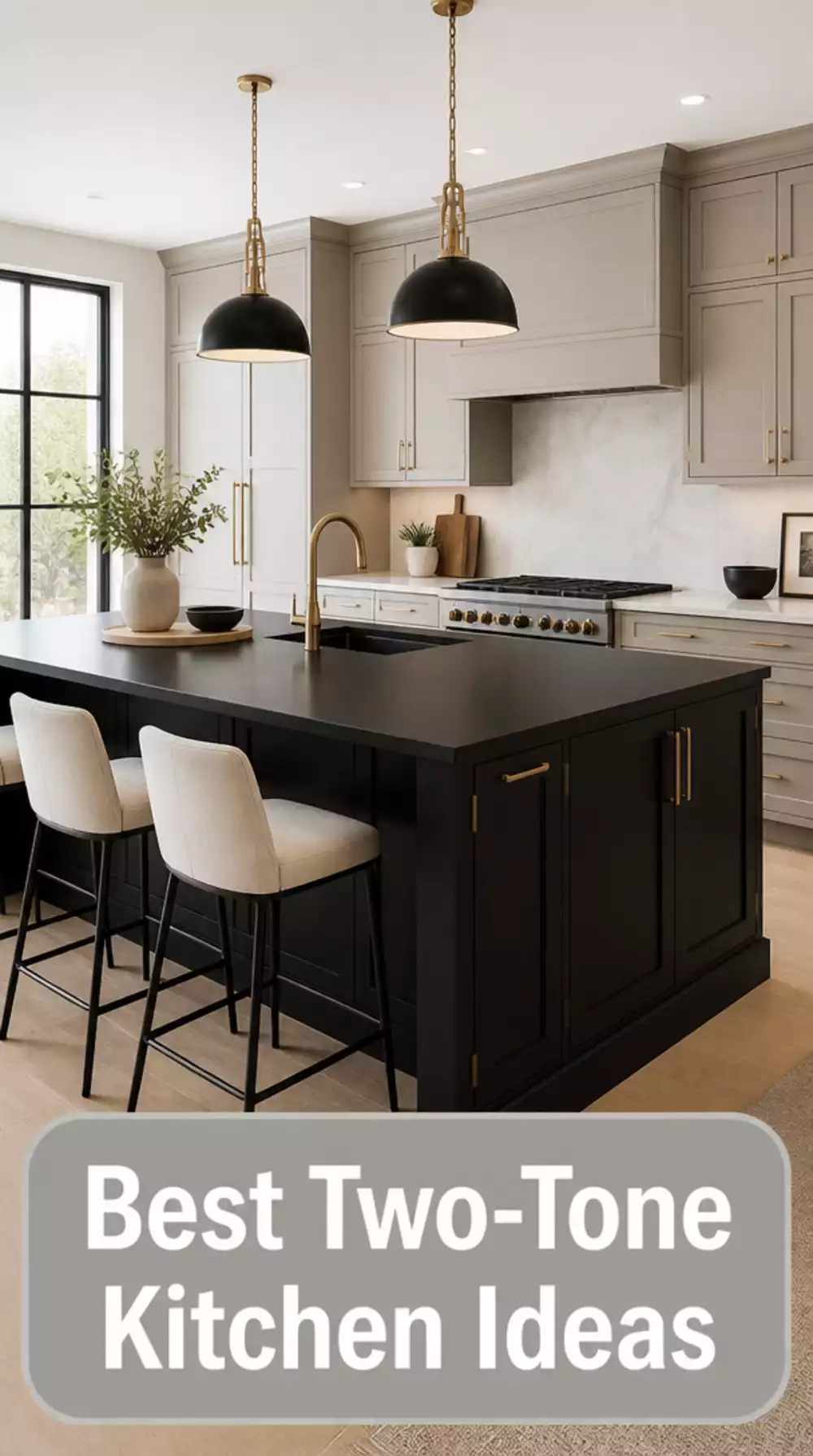 Two-Tone Kitchen with a Matte Black Island and Light Grey Surround Cabinets