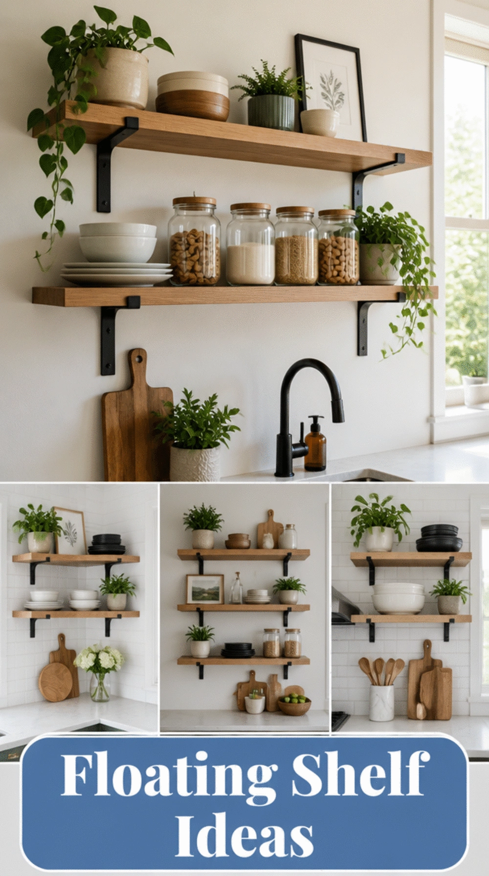 Floating Kitchen Wood Shelf on Black Brackets Above the Countertop