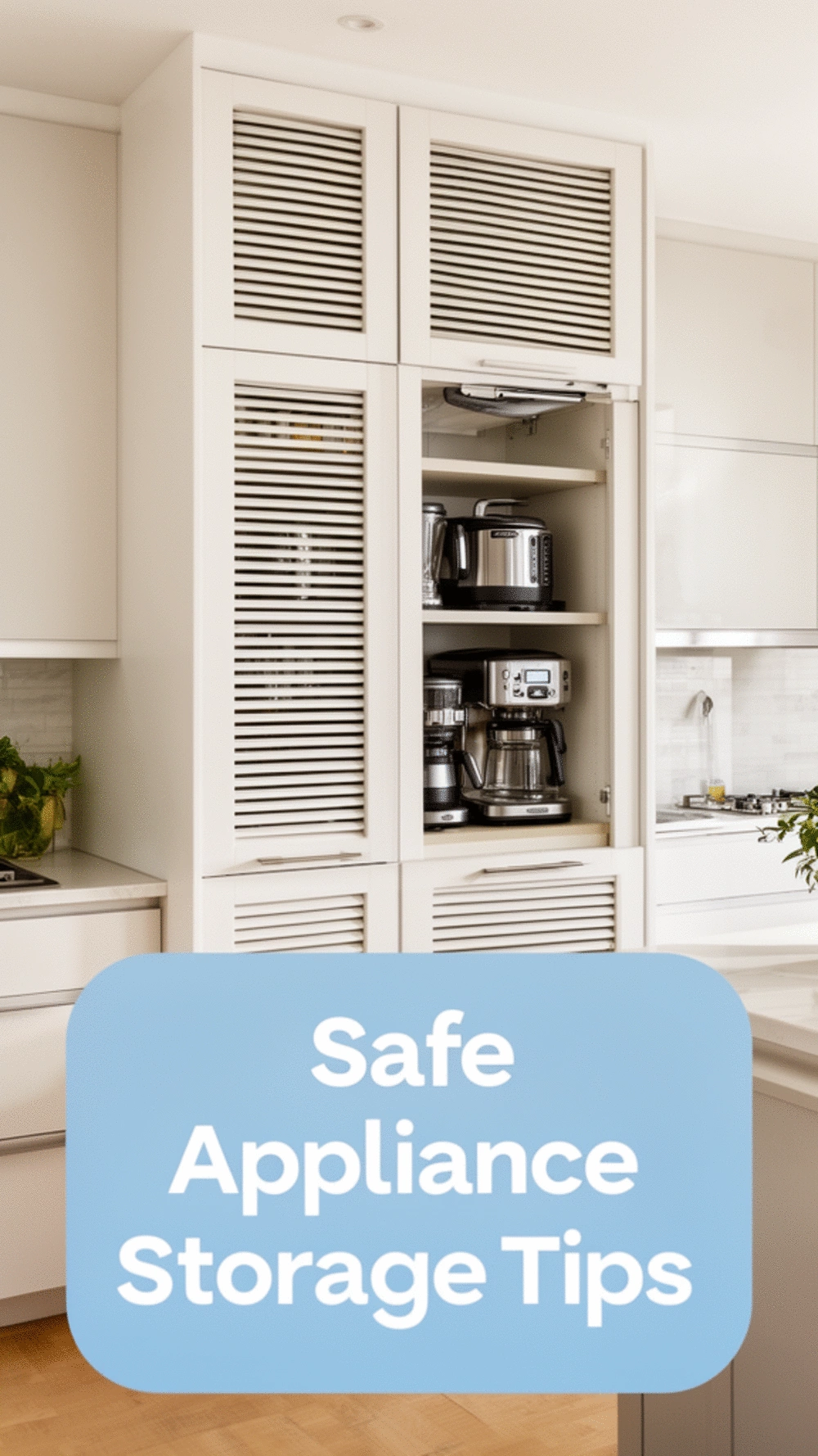 Kitchen Appliance Cupboard with a Vented Door Panel for Safe Storage
