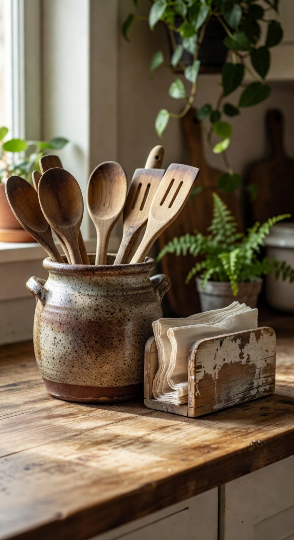 Kitchen Ceramic Utensil Crock in a Speckled Clay Finish on the Counter