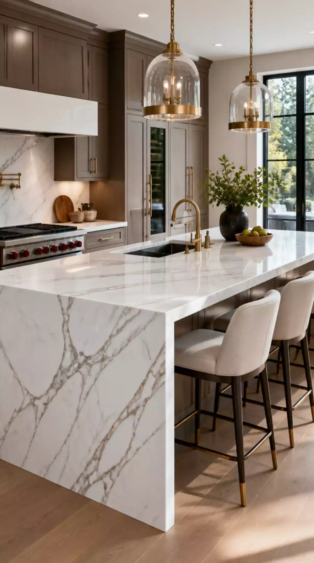 White Marble Kitchen Countertop with Grey Veining and Waterfall Edge