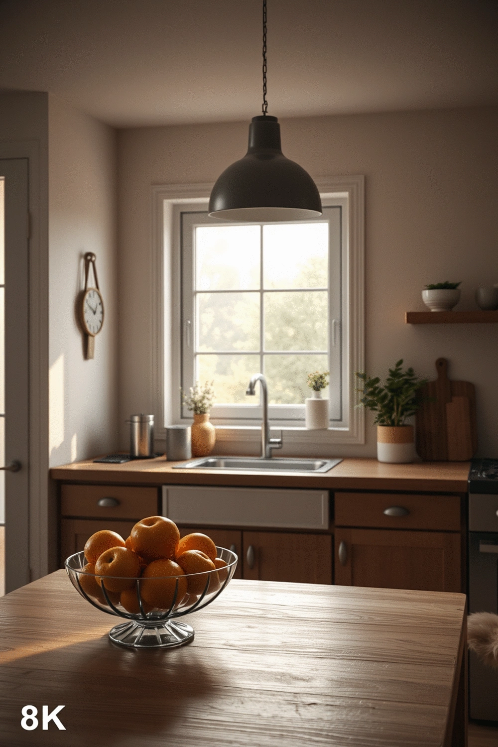 Cozy kitchen interior with soft lighting, a bowl of fresh fruit on a wooden counter, and a window with a subtle view of nature, emphasizing comfort and warmth