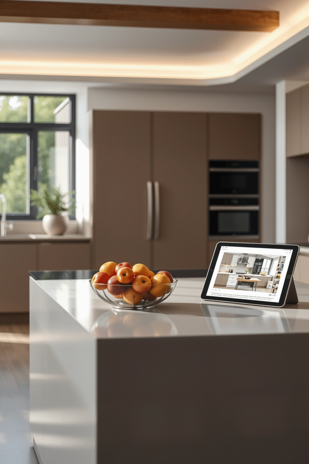 Kitchen island with a bowl of fresh fruit and a tablet displaying kitchen design software