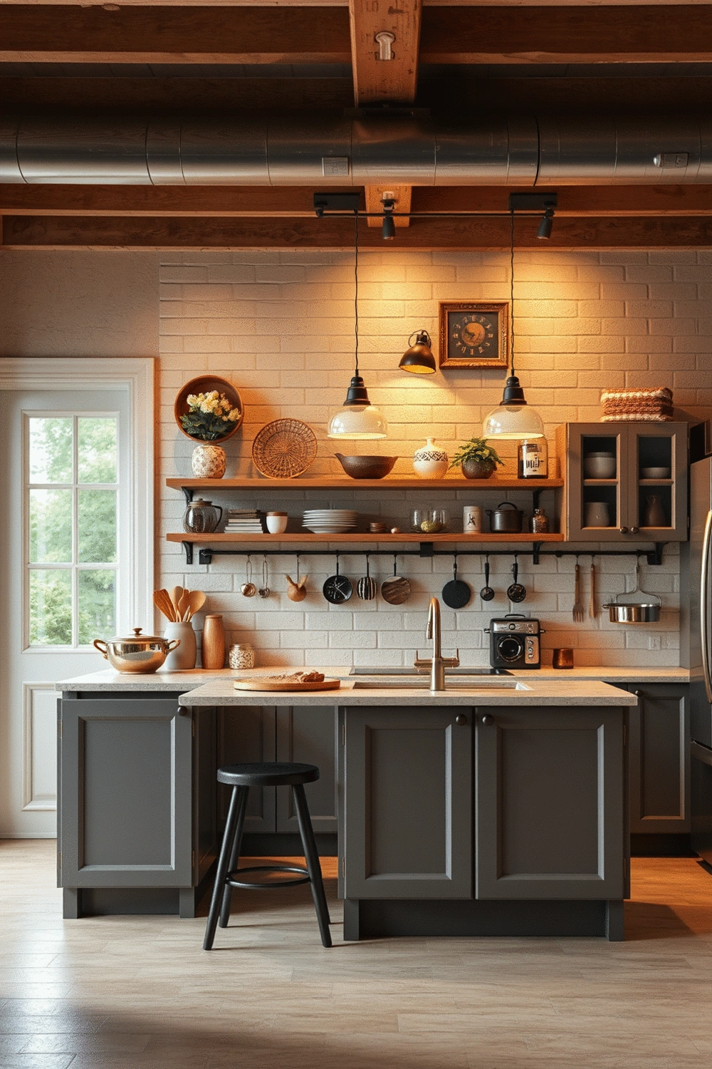 Stylized kitchen interior with warm lighting and personalized decor, showcasing a mix of textures and colors