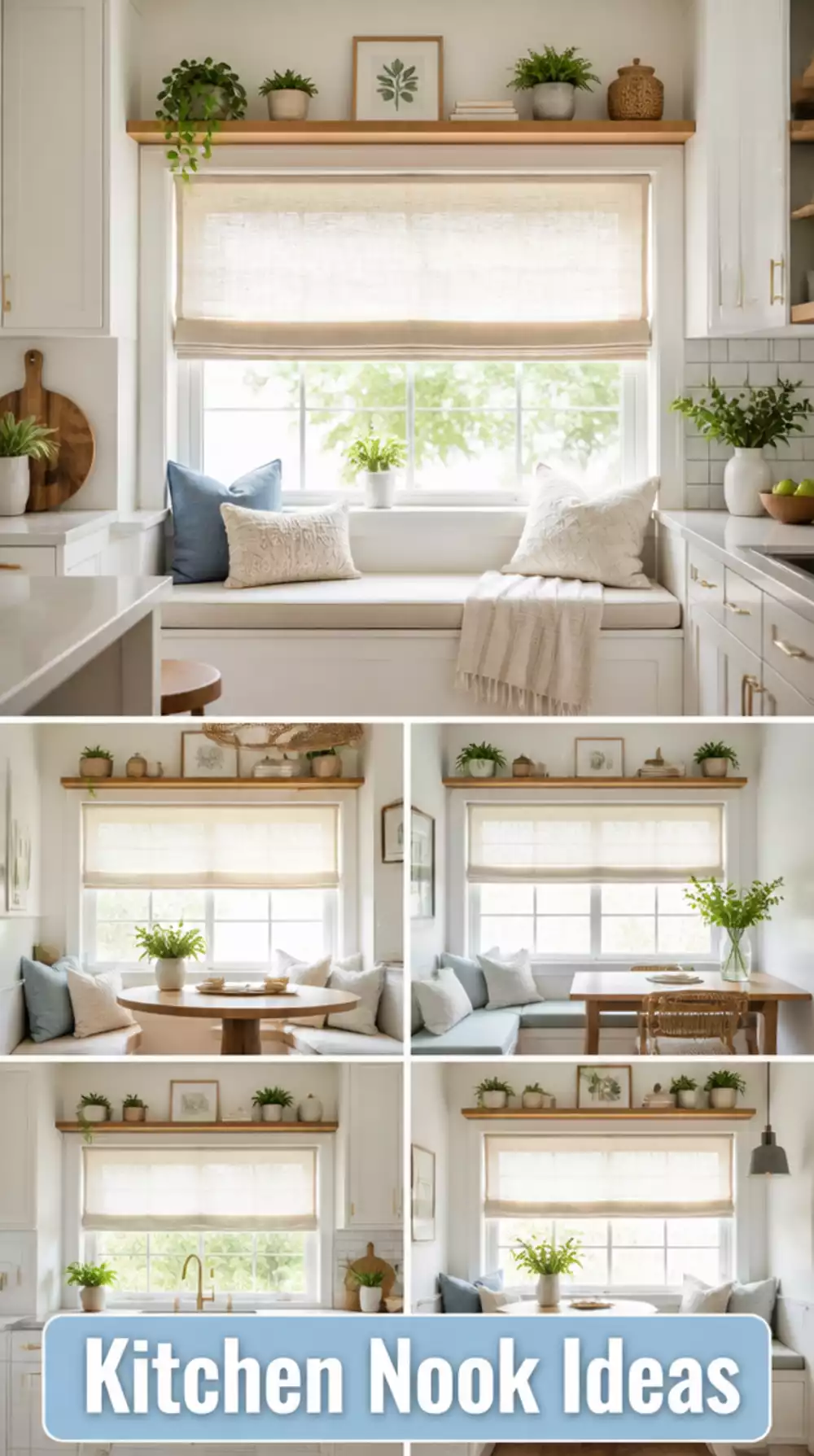 Kitchen Window Nook with a Linen Roman Blind and a Slim Ledge Shelf Above