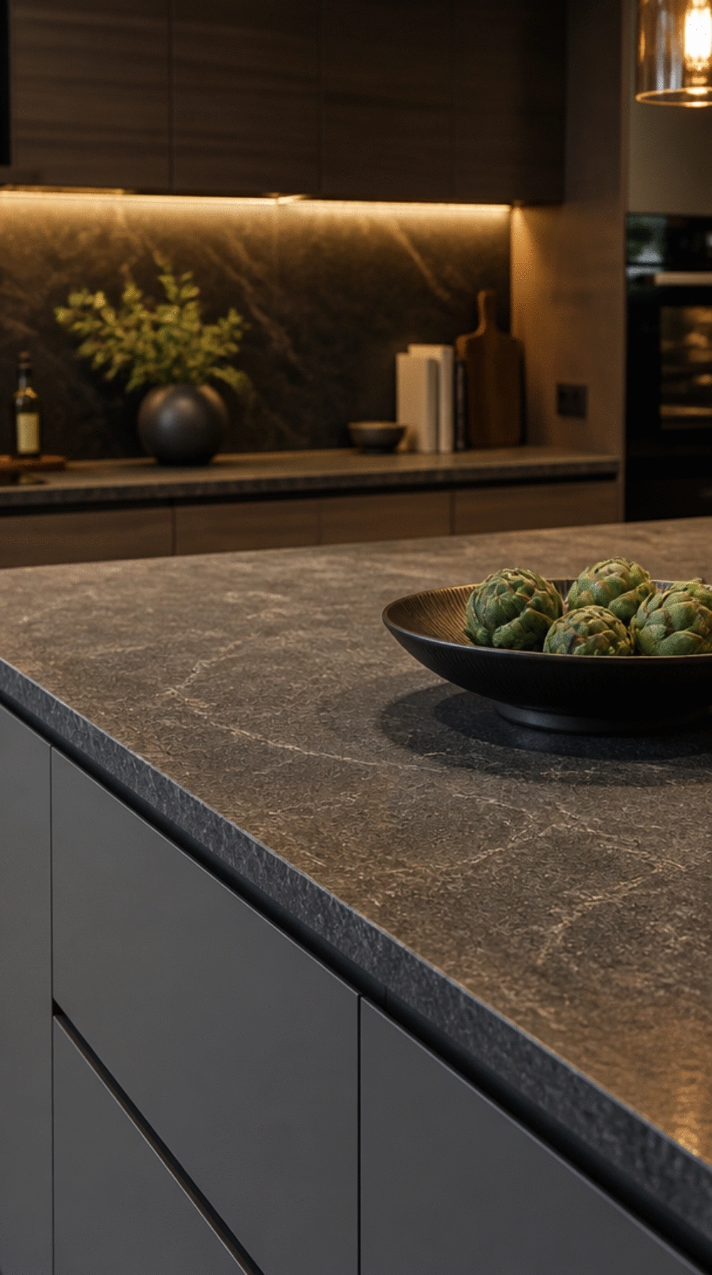 Dark Kitchen Countertop in Leathered Granite with a Flat-Front Cabinet