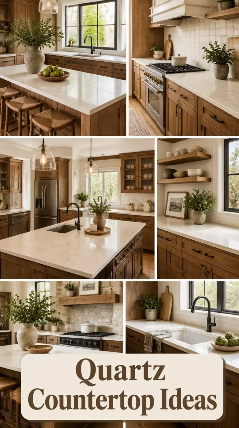 Kitchen Quartz Countertop in Warm Cream That Pairs with Wood Cabinets