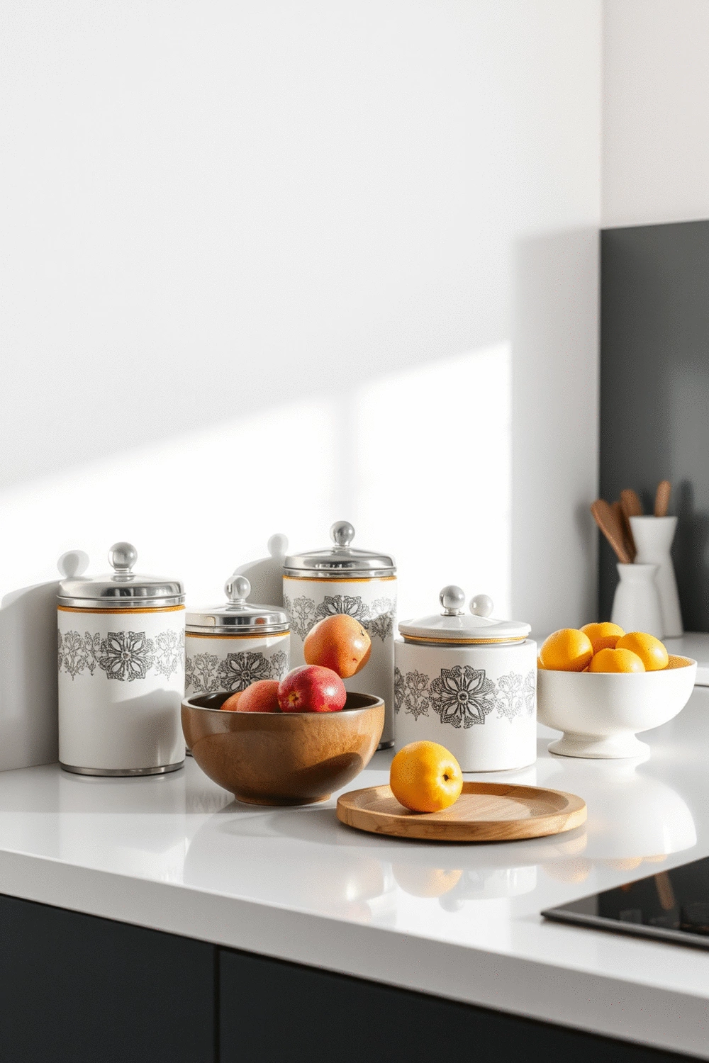Modern kitchen counter with stylish decorative canisters and a fruit bowl, clean and organized.