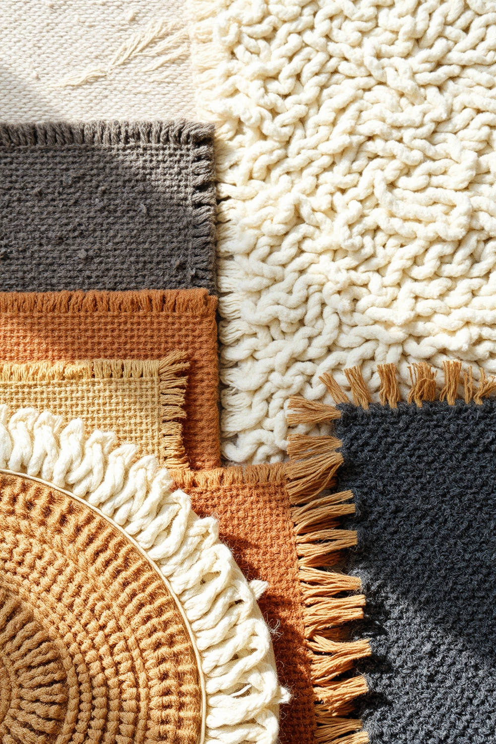 Flat lay of various rug samples including jute, cotton, and synthetic fibers, neatly arranged to show texture and material differences.