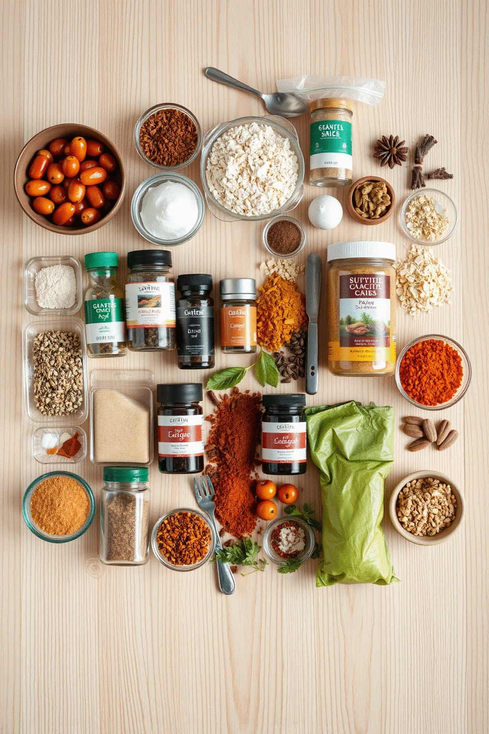 Flat lay of various pantry staples, spices, and ingredients arranged neatly on a light wooden surface