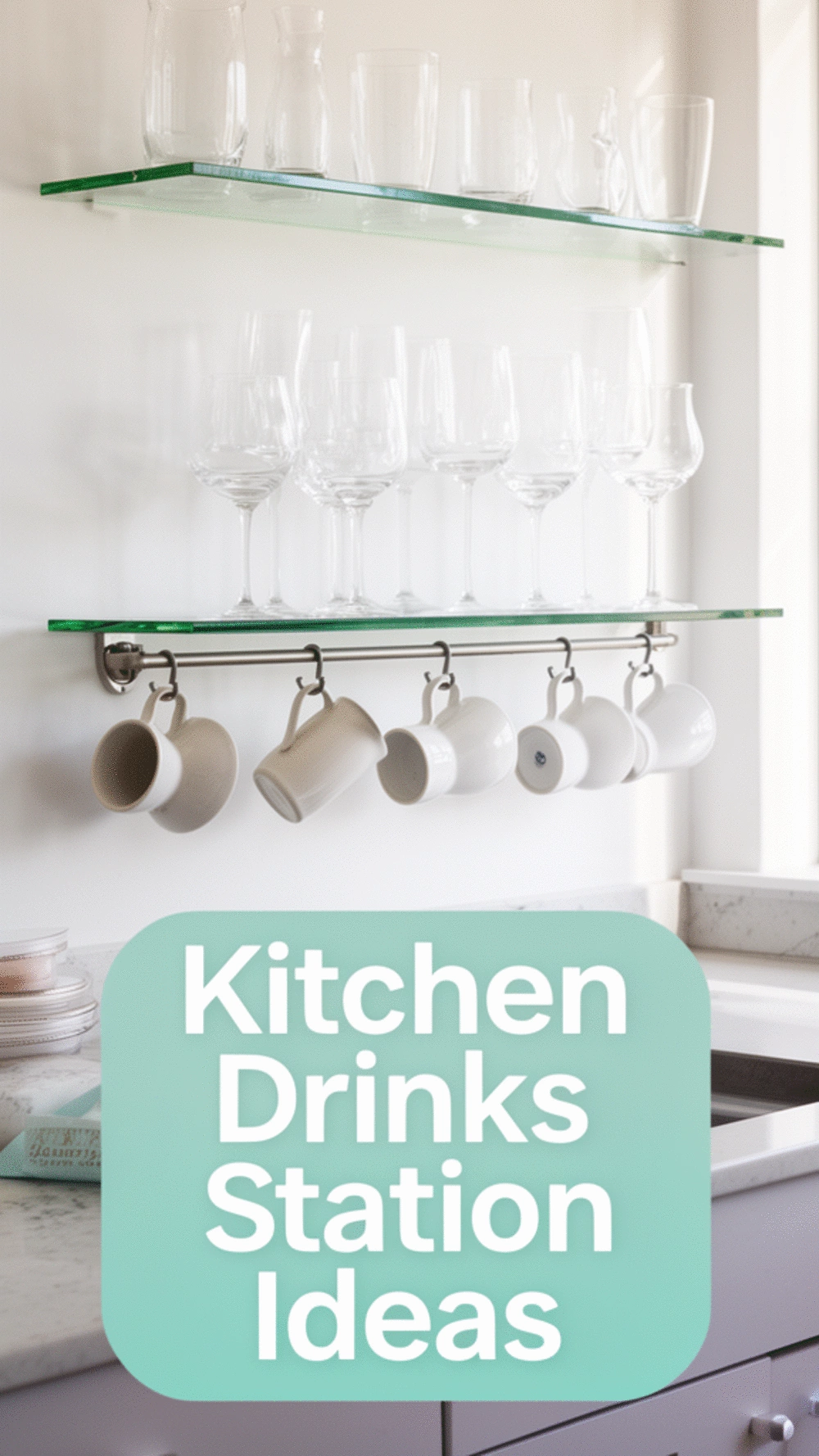 Kitchen Drinks Station Floating Shelf with Glassware Hung on a Rail Below
