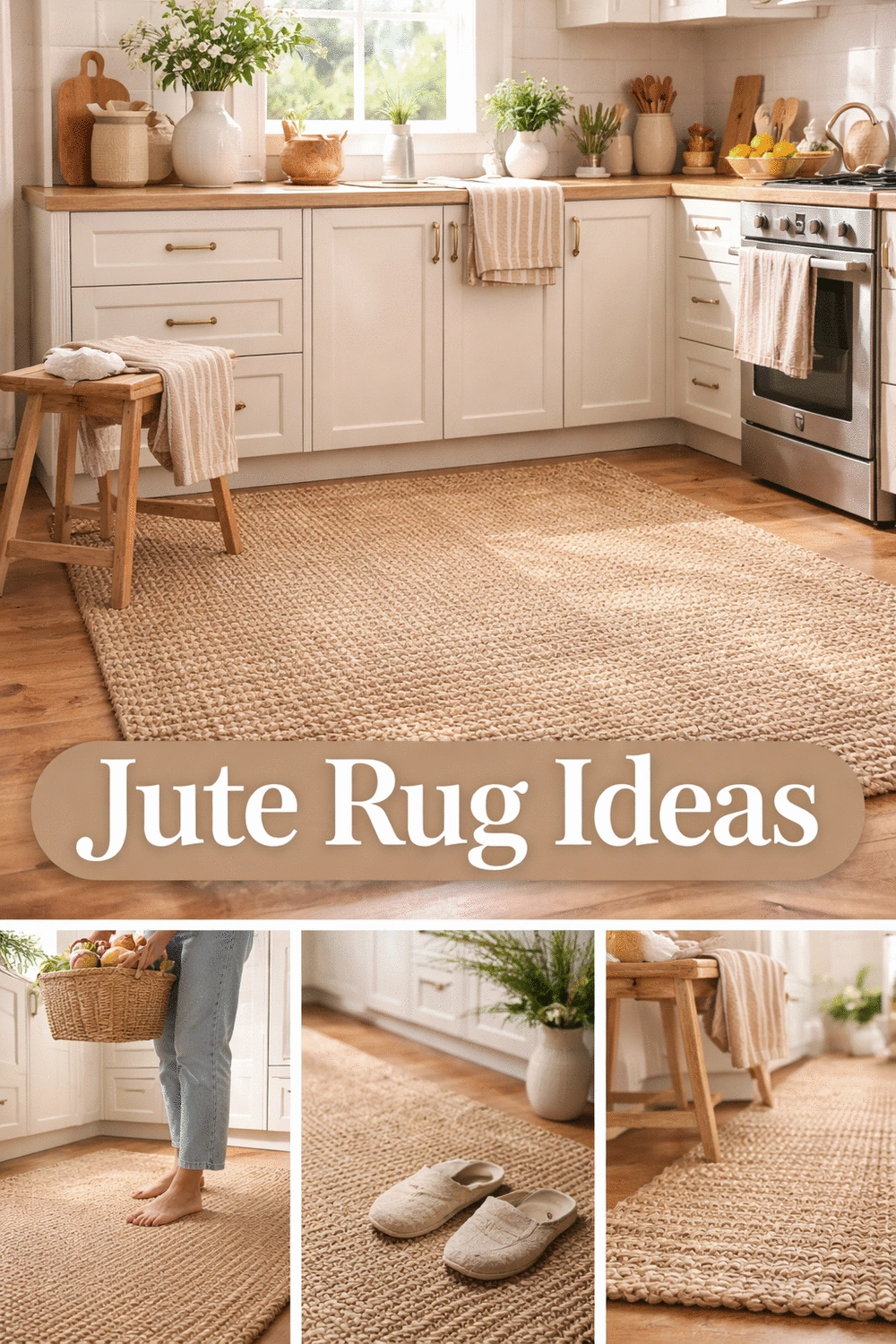 Kitchen Woven Jute Rug Underfoot That Anchors a Warm White Colour Palette