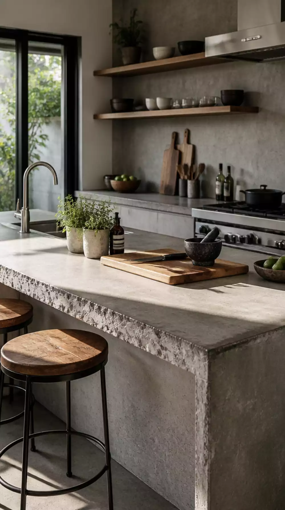Kitchen Concrete Countertop in a Smooth Unsealed Finish with a Raw Edge