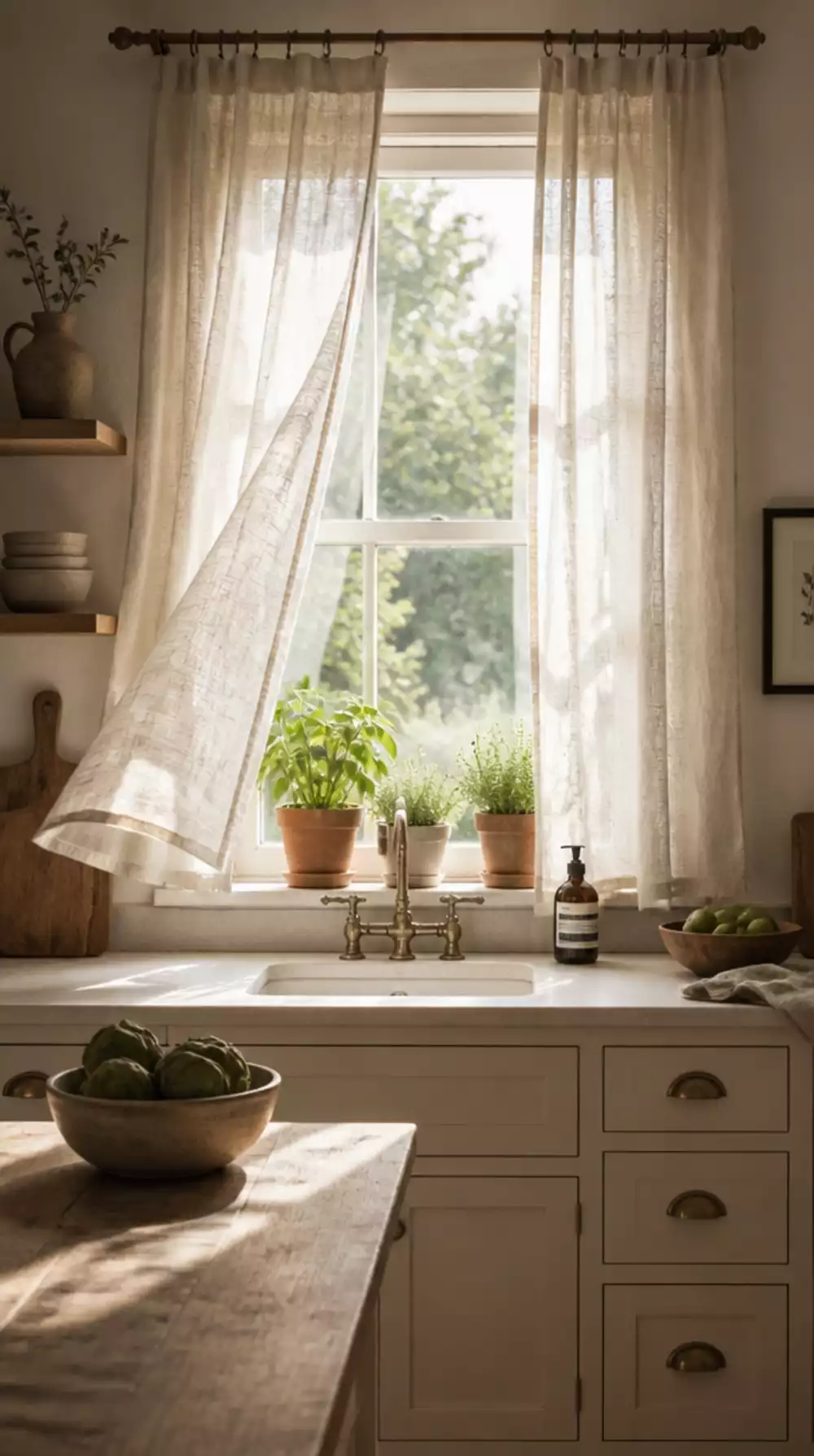 Kitchen Linen Window Curtain in a Natural Undyed Weave That Filters Light