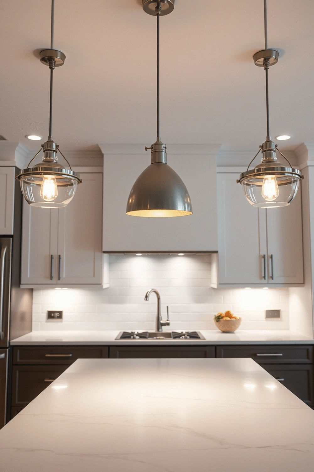 Kitchen island with three pendant lights illuminating the countertop, and under-cabinet lighting brightening the backsplash and workspace. Focus on various light fixtures working together.