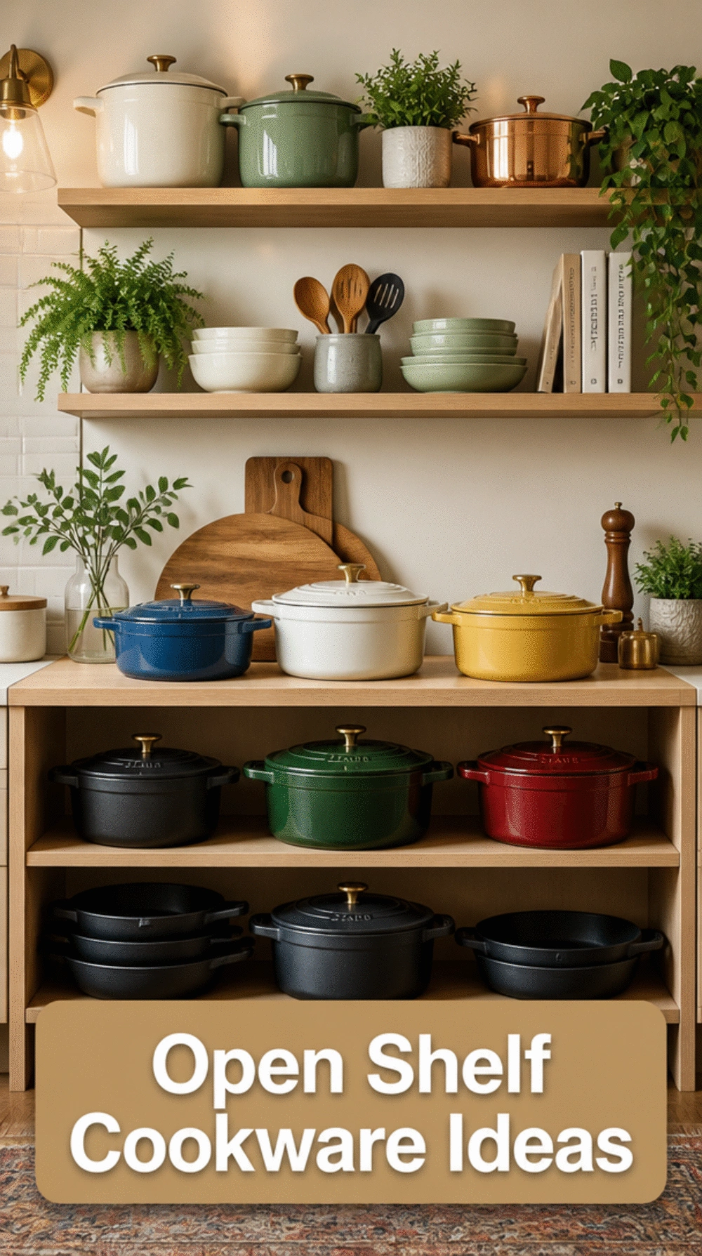Kitchen Open Shelf Cookware Stack with Cast Iron Displayed on the Bottom