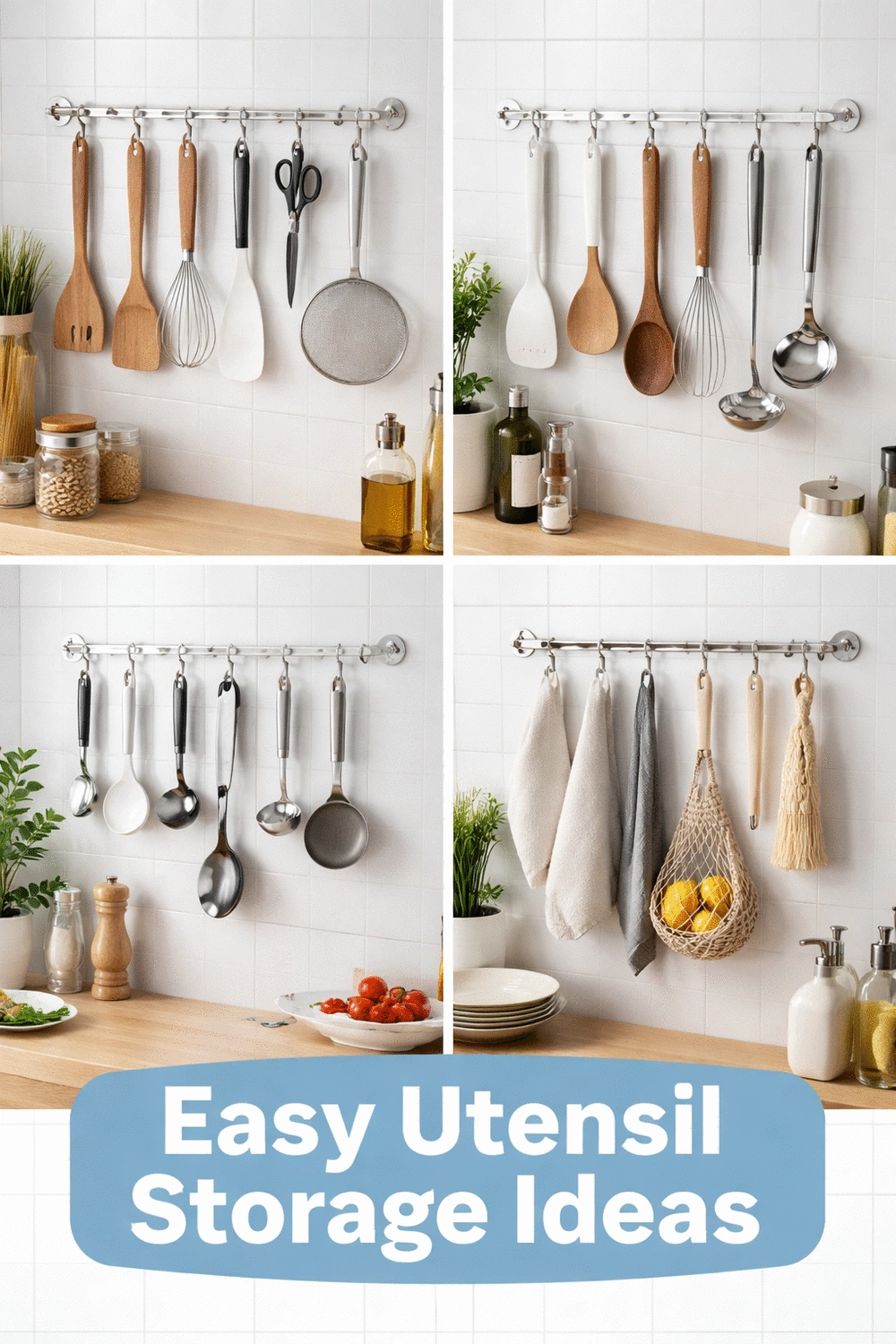 Kitchen Adhesive Hook Rail That Holds Utensils on a Tiled Splashback Wall