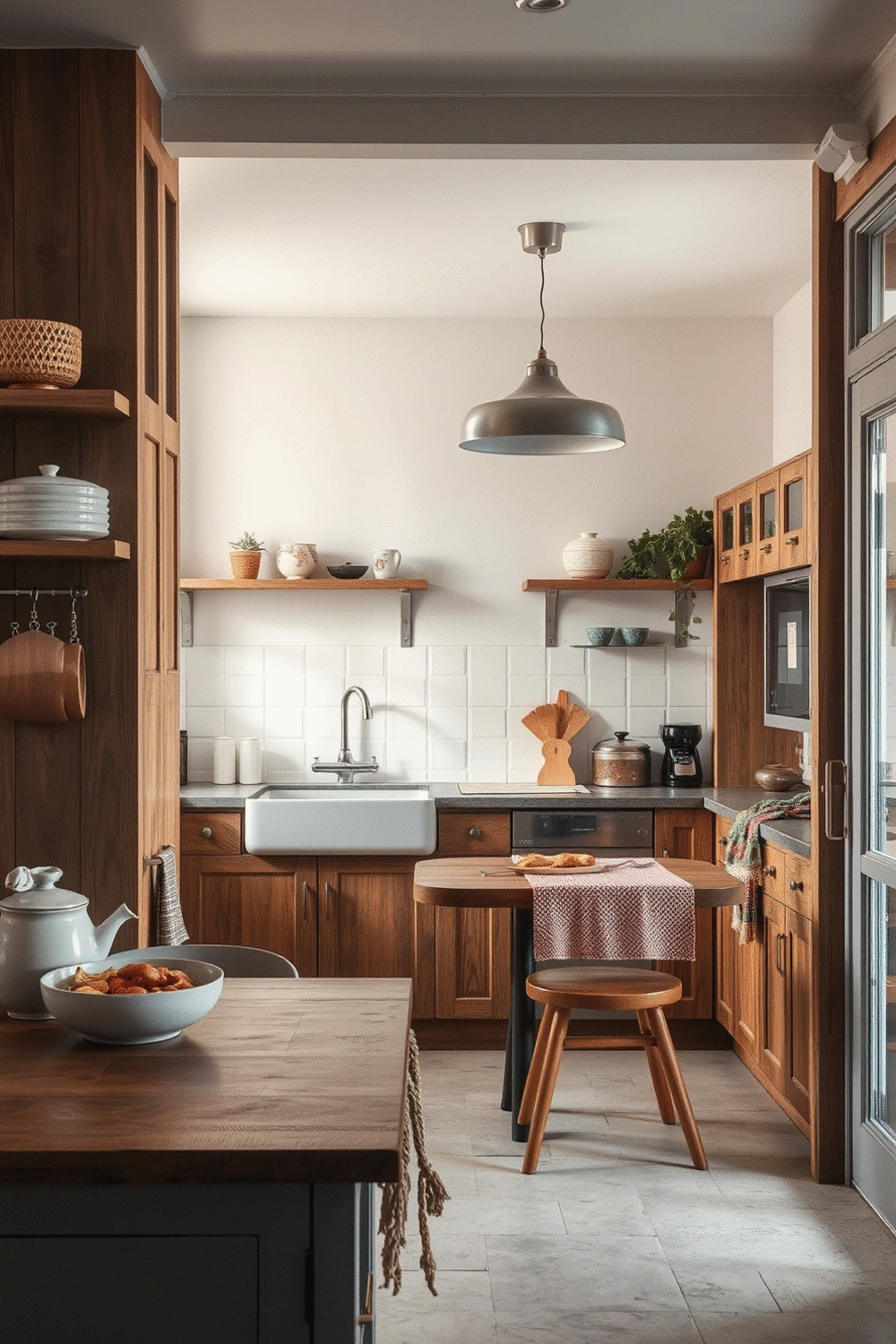 Kitchen interior blending vintage and modern elements with wooden and metal textures, soft pastel color scheme, and unique textile accents