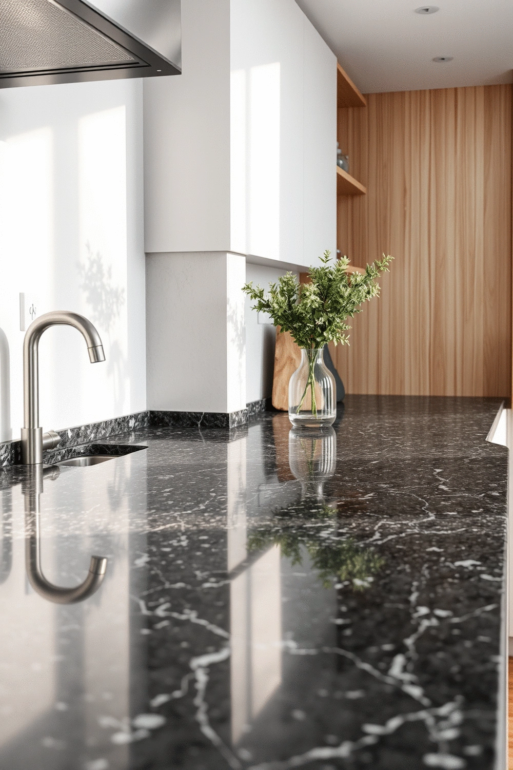 Kitchen counter with a mix of materials like dark granite, light wooden accents, and a glass vase with greenery, showcasing harmonious textures.