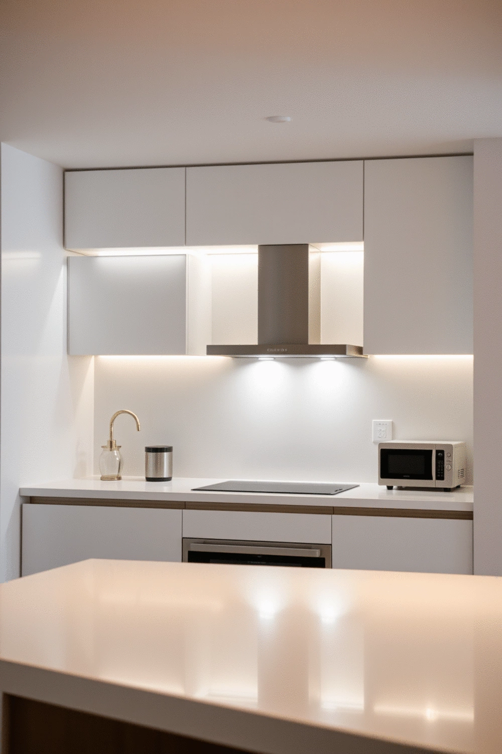Modern kitchen interior with sleek under-cabinet lighting illuminating a clean countertop, showcasing subtle reflections and a warm, inviting glow.