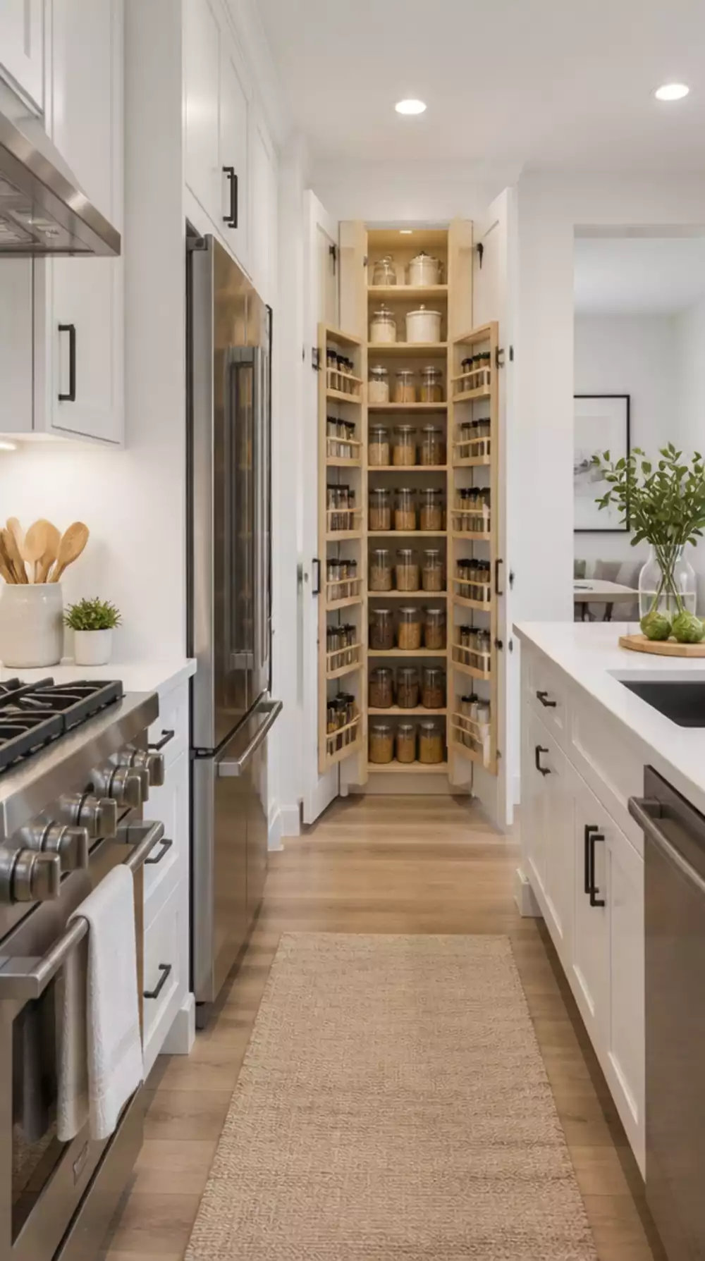 Galley Kitchen Layout with Pull-Out Pantry Built into the End Wall
