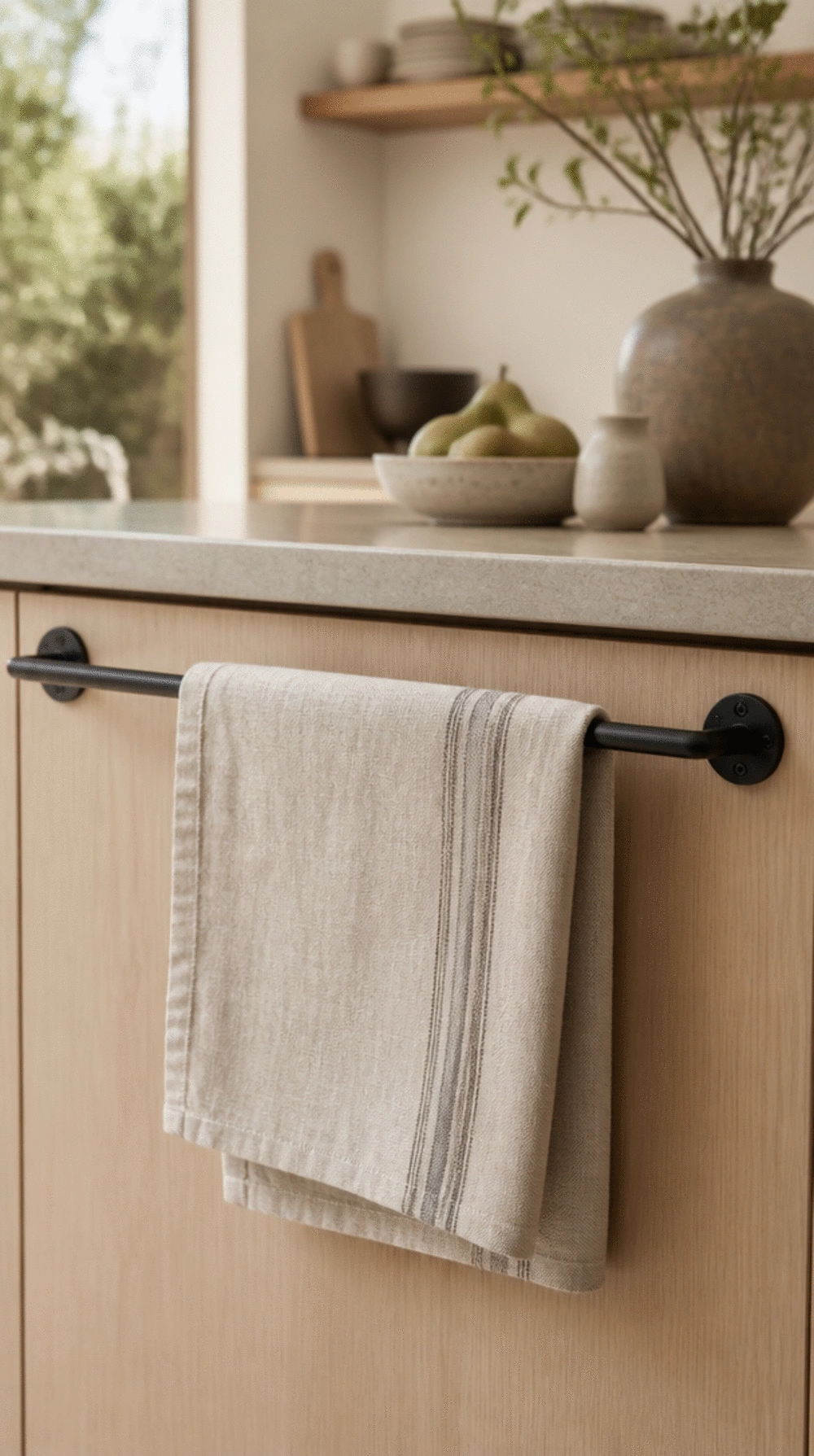 Japandi Kitchen Linen Tea Towel Folded Over a Matte Black Towel Rail