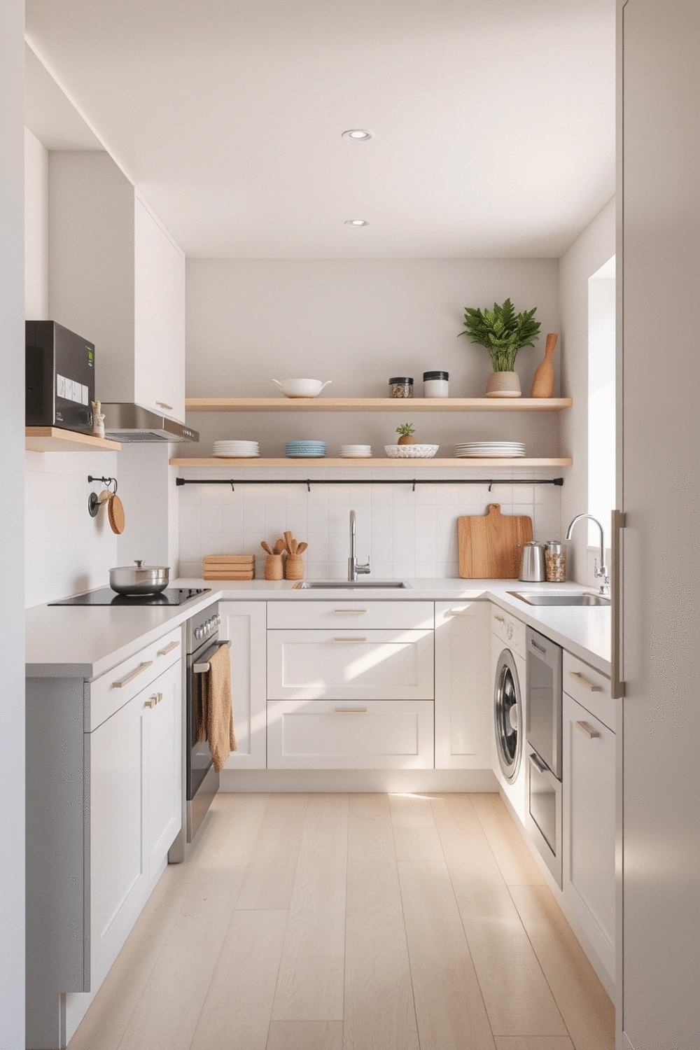 Small kitchen with minimalist design, light color palette, and smart storage solutions