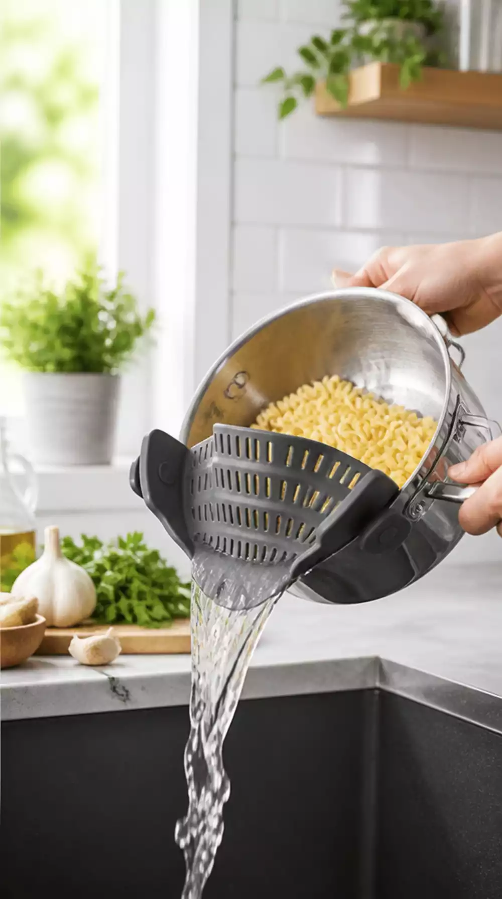 Kitchen Clip-On Pot Strainer That Drains Pasta Without a Colander