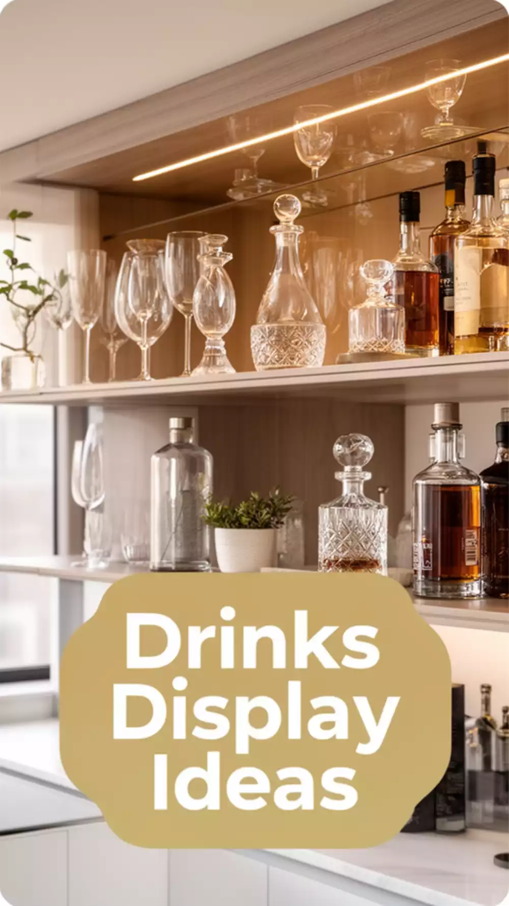 Kitchen Open Shelf Styled as a Drinks Display with Glassware and Decanters