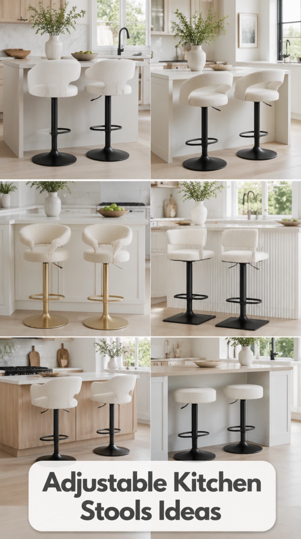 Adjustable Kitchen Counter Stool in White Boucle with a Swivel Seat