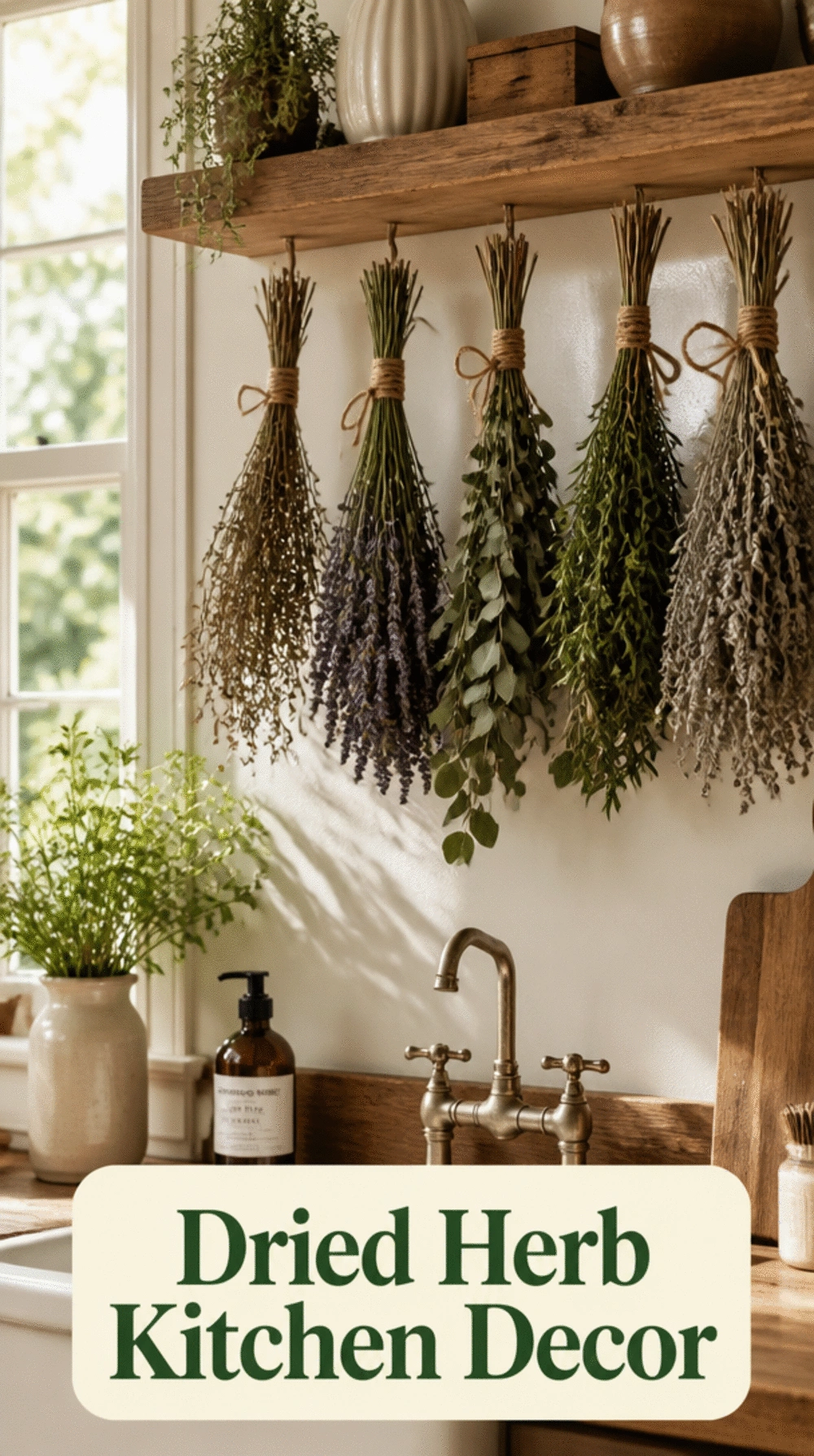Hanging Kitchen Dried Herb Bunch Tied with Twine Above the Sink