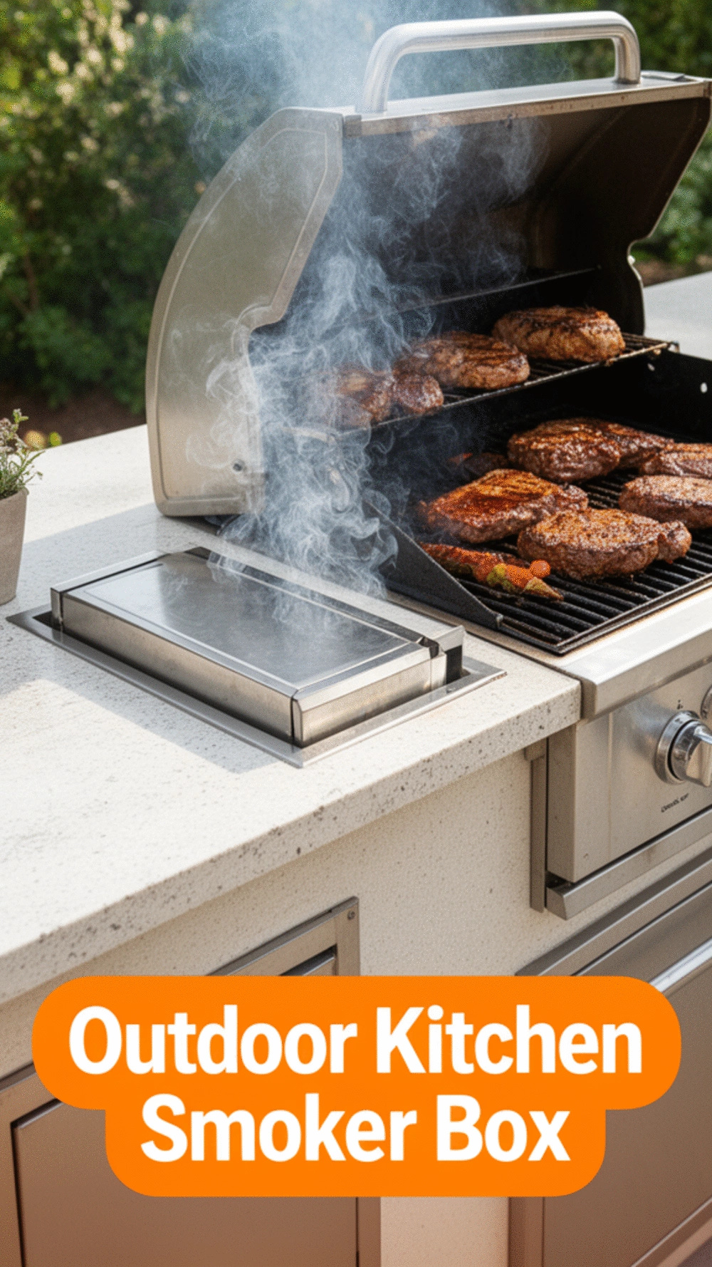 Outdoor Kitchen Smoker Box Set Into the Counter Next to the Main Grill