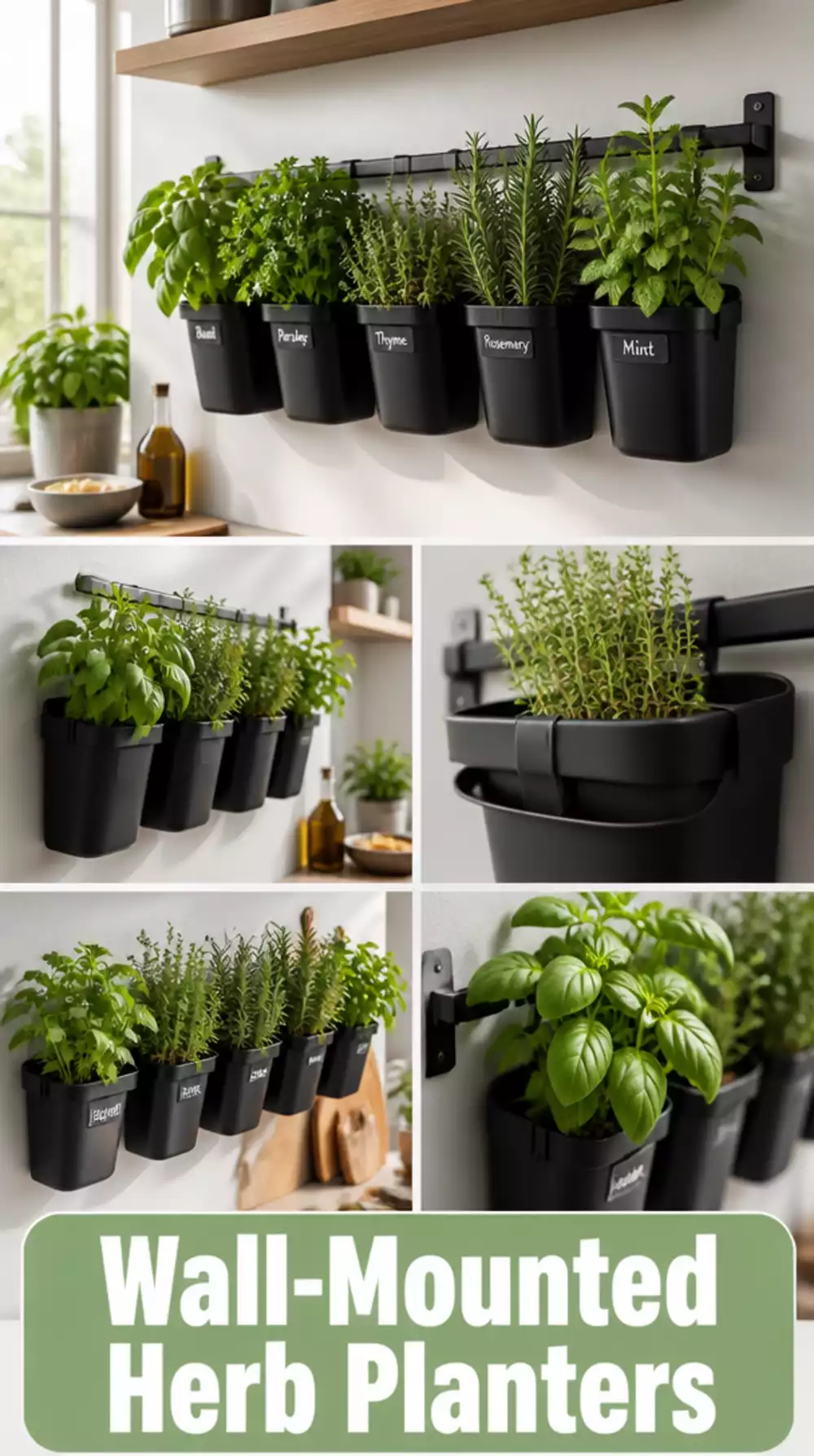 Wall-Mounted Kitchen Planter Rail with Clip-On Pots for Fresh Herbs